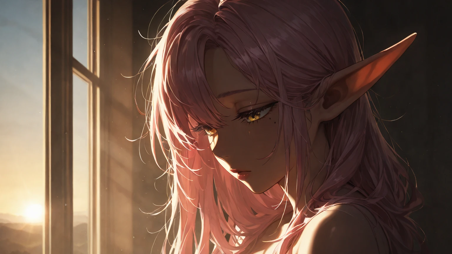 (beautiful elf style), (((tanned skin))) (pov, love style, solo:2, 1000 yo), (beautiful detailed dreadlocks:1.4) (beautiful pink hair long hair sexy elf woman) (beautiful sexy yellow eyes) ((soft smaile)) (glossy lip), (small tits), (in a detailed night robe, small tits), break, in the simple bedroom, background best morning sky, BREAK, 16k, masterpiece, best quality, immensely detailed beautiful morning.