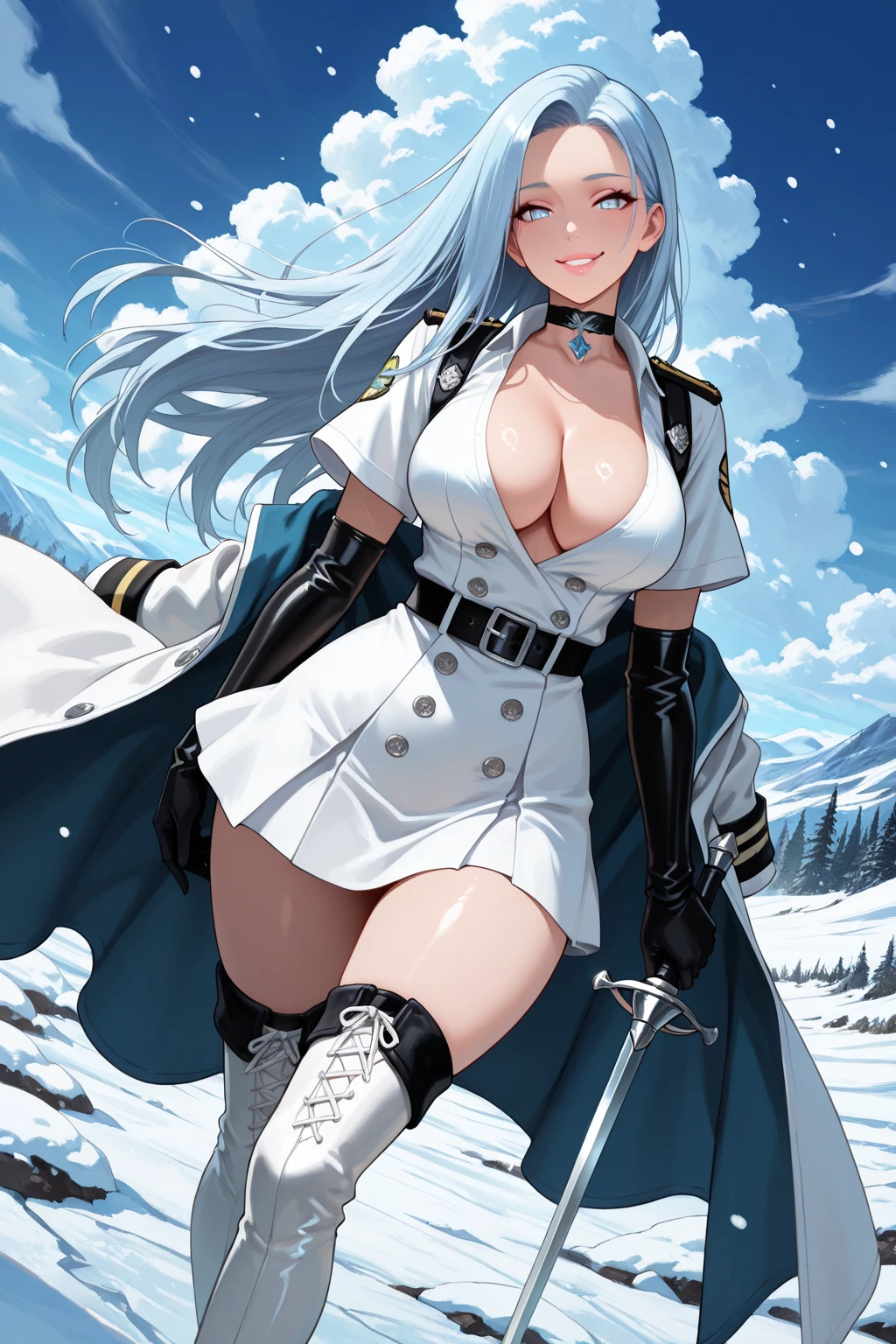 (best quality), (ultra-detailed), ((Esdeath from Akame ga kill)), (Masterpiece), (Top Quality), (Cinematic Quality), (Sharp Details), (Vivid Colors), (Realistic Textures), (Dynamic Lighting), (Perfect face), 1girl, long blue hair, piercing blue eyes, ((white military uniform, unbuttoned jacket, deep plunging neckline, highly exposed cleavage)), peaked cap, ((seductive and commanding expression)), crouching position, low-angle shot, hand resting ground, head tilted slightly, smirking, ((focused on cleavage)), snow-covered ground, icy mist, wind-swept hair, crystal reflections, intense contrast, frosty atmosphere, ((lots of neck and chest exposed, seductive pose)), ((glistening skin and chest))