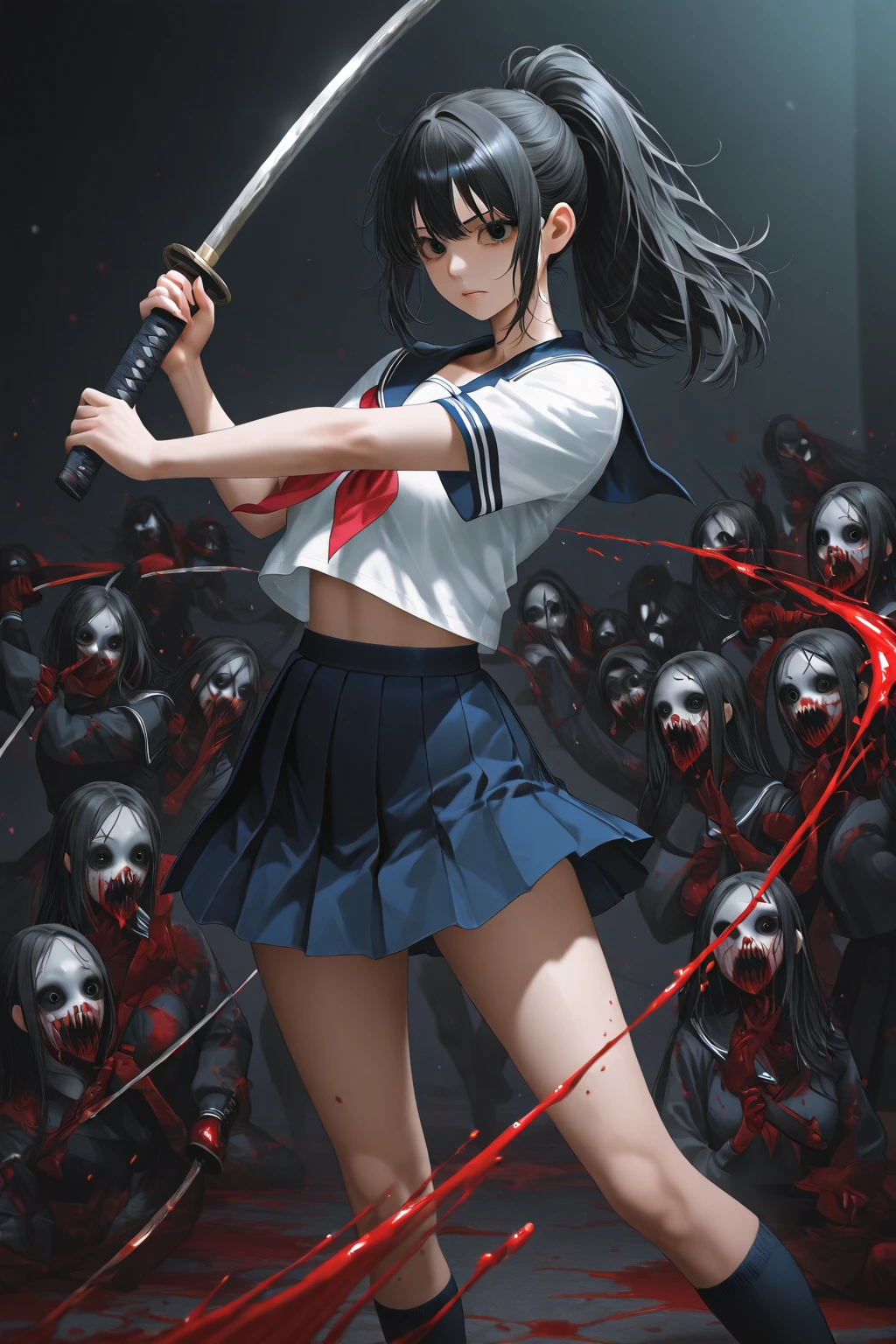 A woman facing multiple zombies face to face、(((masterpiece, highest quality:1.3,absurdres))),cowboy shot,18 year old beauty,solo,((very small head:1.4)),ponytail hair style,long hair,blunt bangs,black hair,glay eyes,Serious expression,blush,medium breasts,((very long body,slender body)),skinny,gleaming skin,shiny skin, ,(High leg white leotard)、(Short sleeve、Navy blue sailor collar、Red neckerchief、white_thighhighs), ,Fight monsters with a Japanese sword、Abandoned Factory、at night、