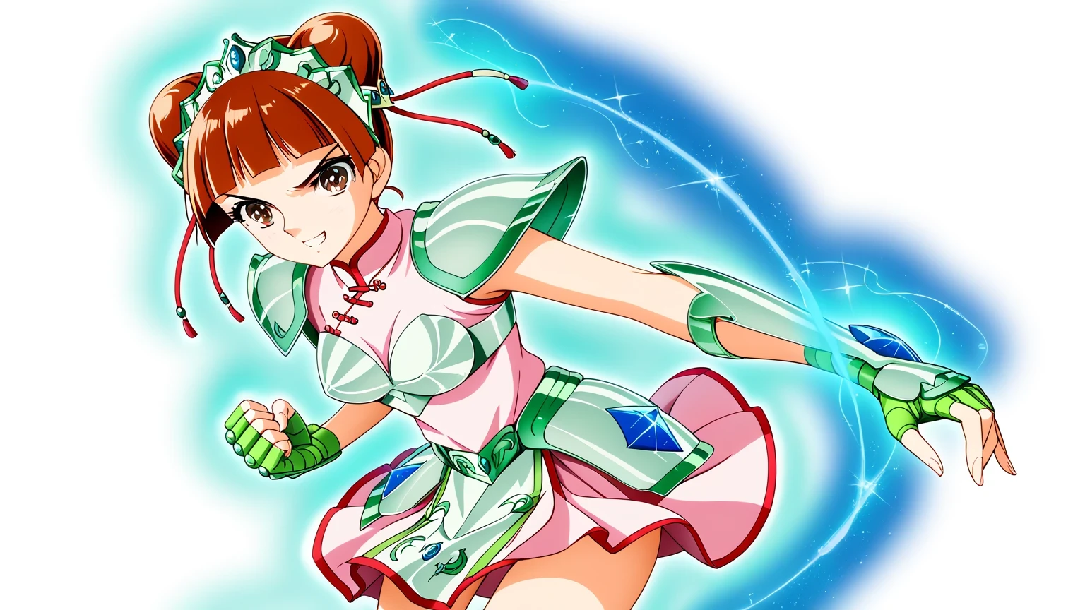 score 9 , score 8 up, score 7 up, source anime, 傑作, best quality, best resolution, best image quality, anime coloring, anime screenshot, 1girl, Xiaoling, girl is wearing a white china dress outfit, zodiac girl knight, 14 years old, Portrait of a Zodiac girl Knight, brown hair, hair ornament, short hair, brown eyes, blunt bangs, hair bun, double hair bun, hair pin, bun cap, emerald armor, dress armor girl, Enchanting princess knight, under white china dress, anime Fencer, Smooth anime CG art, official anime style, 彼女の周りの桜の花びら, A cheerful smile, シュウシュウアニメ画像, princess knight, , , large , medium , Short girl,  thighs, 美少女, galaxy princess, crystal emerald armor, shoulder armors, breastplate armor, emerald princess, emerald Reflective Armor, best quality anime art style, official anime art style, Ursa Minor Armor, Ursa Minor Helmet, gloves, fingerless gloves, cowboy shot, solo focus, looking at viewer, female focus, fighting stance, dynamic pose, blue aura,