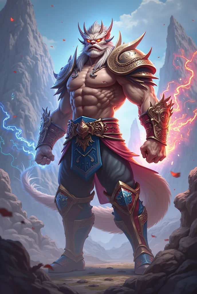 Reshiram, comic book style, illustration, solo, ferocious, male, [[masculine pose]], monk, robes, masterpiece, best art, full body, by laobai, by taran fiddler, by honovy, detailed eyes, detailed body, claws, masculine body shape, fantasy, tall, topless, pecs, abs, nipples