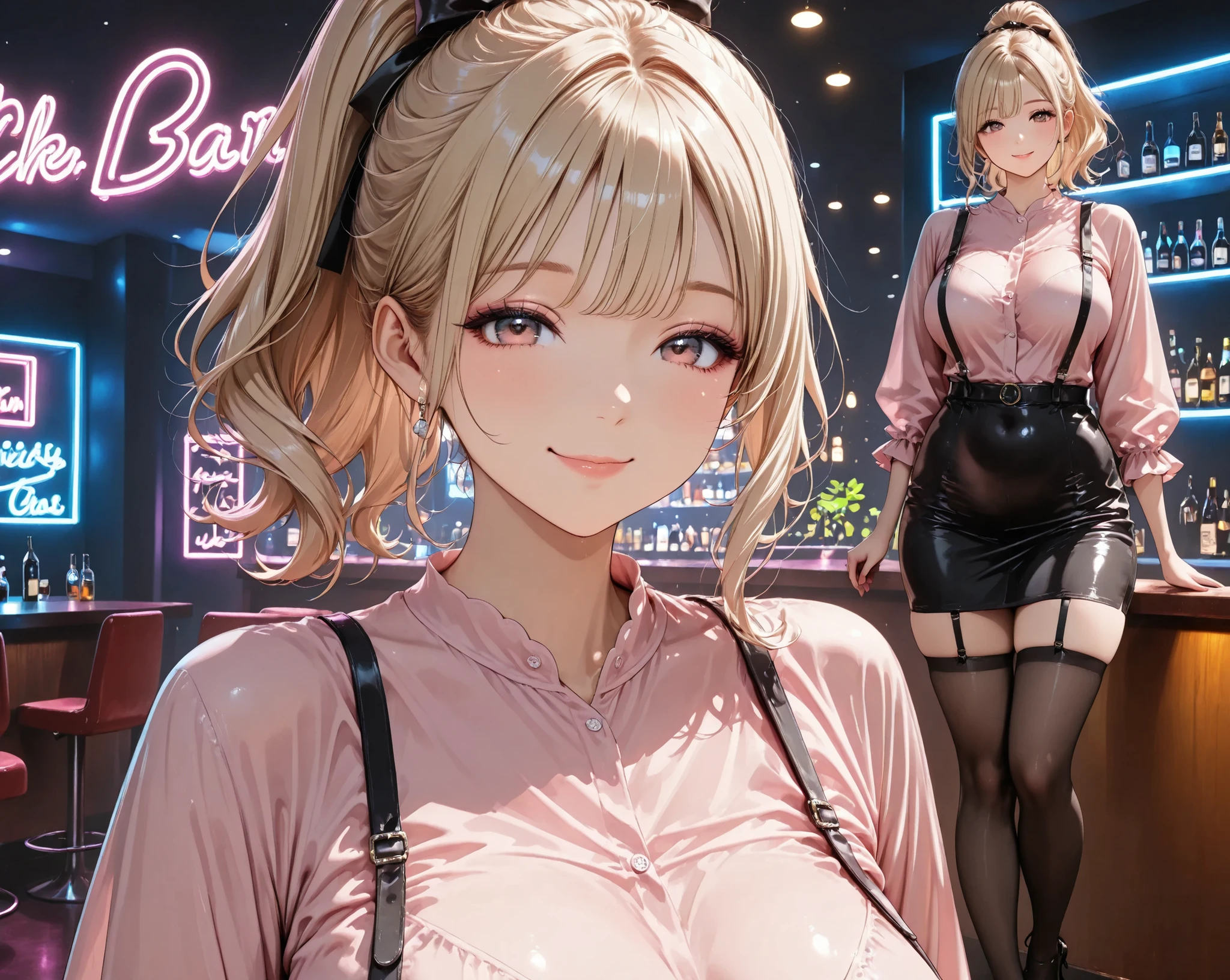 close up,high ponytail,looking viewer,(curvy),blonde hair, dark skin,pink shirt, black suspenders ,black tight skirt,high heels,black stockings,clear makeup,smile,standing,in the bar,neon light