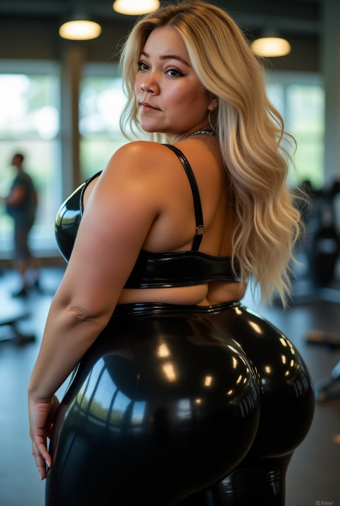 Masterpiece, Highest quality, Ultra-detailed, Highest resolution, 32K quality, Dynamic, (Blonde elf), (Super curvy: 1.4), (Super voluptuous: 1.3), (Obese), Leggings, Gym, Barbell, (Lots of sweat: 1.5), Long pointy ears,