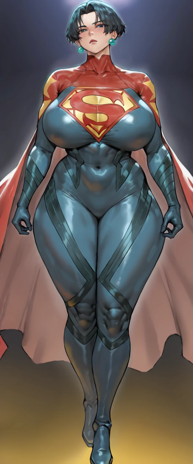 anime waifu bodybuilder, beautiful face, smiling face, perfect body, fit body, abdomen, large breasts, muscular, ((hair) long and blonde), ((clothing) white colored tight swimsuit, torn), (torn cape at the tip covering the body of black color, and hood covering the head of black color), character A2, (white and torn bandages on the arms and legs), (viewer has an isometric vision)