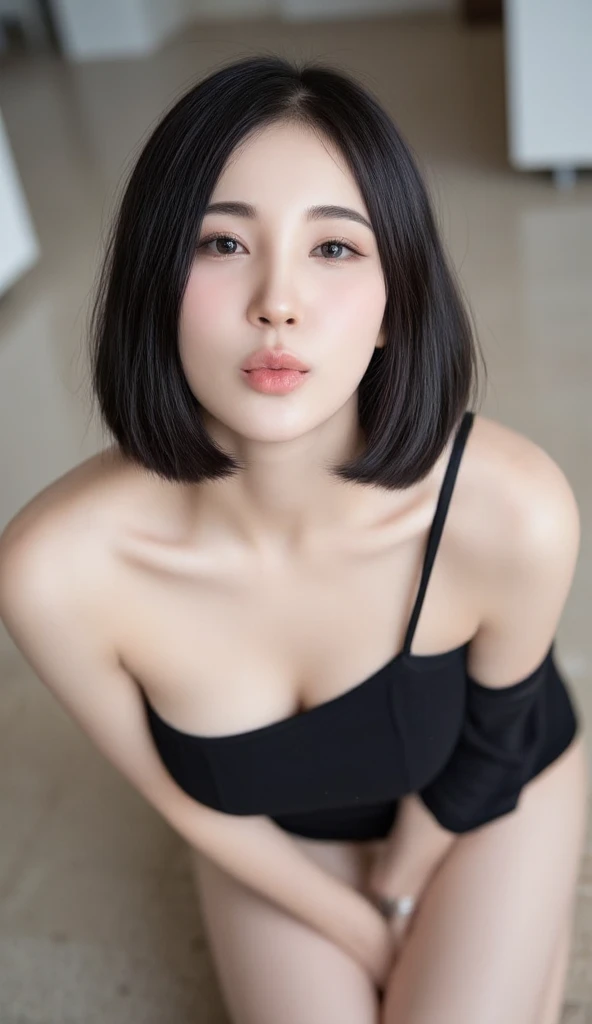 close-up of beautiful Hongkong, Sisley Choi is a  Hongkong actress and model, age 22 years old girl, youthful face, perfect body, white body skin, korean layer medium cut, standard black hair, straight hair, flat bangs cut, 34 inches breasts size, wearing a plain standard dark black strapless tube top, wearing a tight camouflage mini short leggings, Choi sits on the military barbershop, Choi holding breasts with her own two hands is very sexy and sigh, Choi squeezes the breasts very seductively, Choi lowered her strapless tube top a little bit, ((Choi held her breasts while lying down in the military barbershop)), ((Choi experienced arousal when her breasts became tense and made her look tempted)), ((Choi’s hair was cut by a male barber using a scissor)), ((Choi was seen sighing and flirting as his hair was cut by a male barber using a scissor)), ((the remaining hair pieces were scattered on the floor of the military barbershop)), ((strands of Choi’s hair fell to the floor)), ((the remaining hair pieces fell under the floor)), sexy looking pose, pose a naughty look, pose looks seductive, at the military barbershop, military barbershop background, UHD