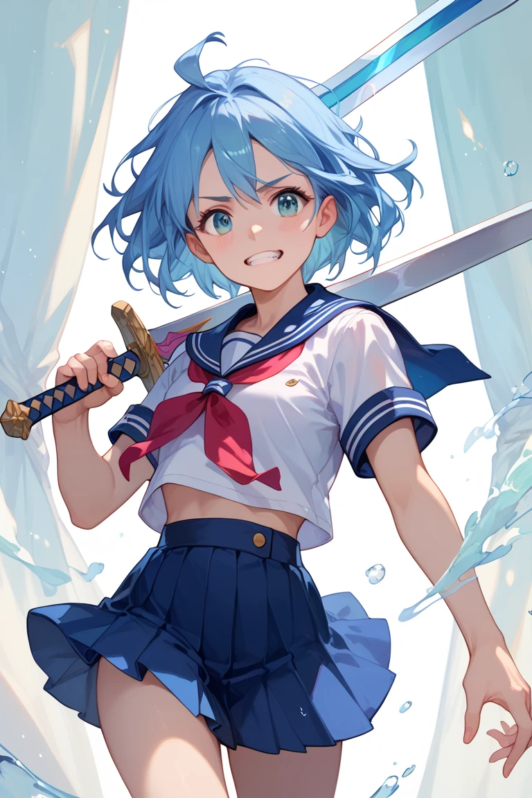 18-year-old,shiny navy hair,short hair,Parted bangs,Yellow Eyes,Large Breasts,Small waist,Big Ass, , See-through sailor suit,Navy blue mini skirt,Black underwear, ,Japanese sword,Covered in body fluids