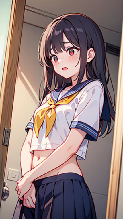 completed naked, standing, classroom, black hair, twintails