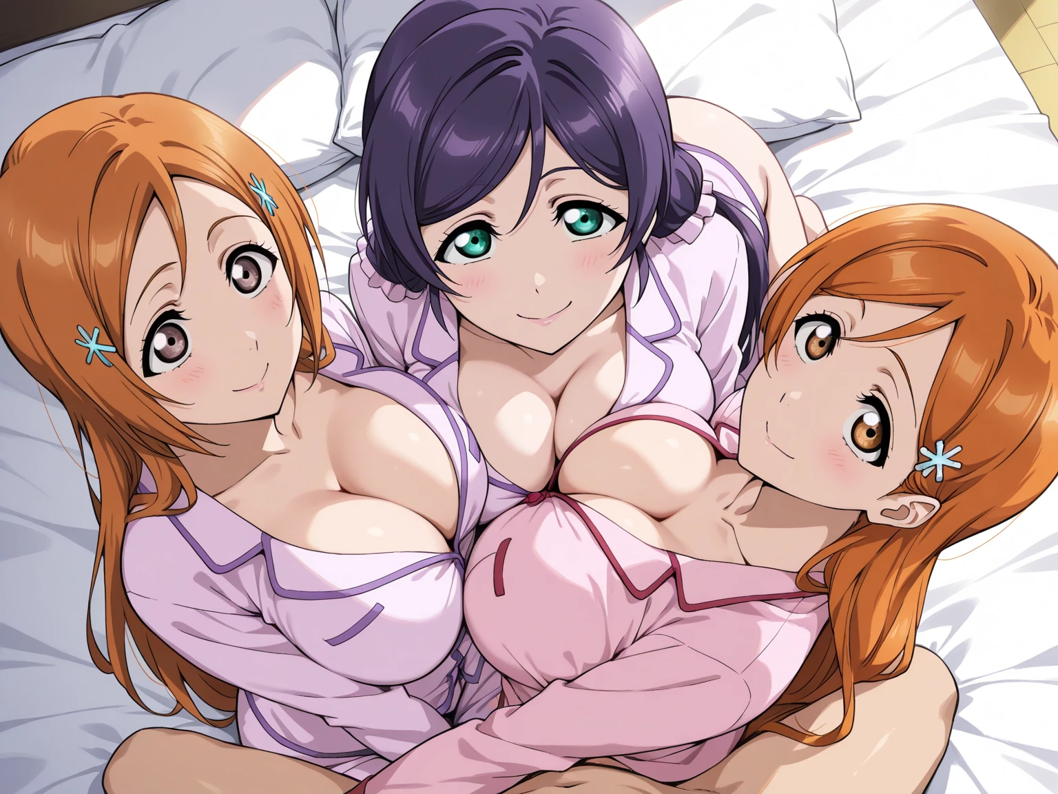 score_6_up, best quality, source_anime, anime screencap, 2girls, 1boy, sandwiched between girls, lying on bed, from above, big breasts, faceless male, smile, nude, big penis, testicle