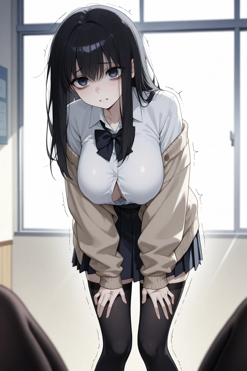 (highest quality), (masterpiece), 1080P, HD, 4K, 8K, Beautiful girl showing off her breasts, sweater, 15 years old, Lower body naked, big breasts, whole body, black hair, Two knots, clear, blush, I'm embarrassed, troubled face, ribbons on neck and legs, Absolute area, Light blue lingerie, socks