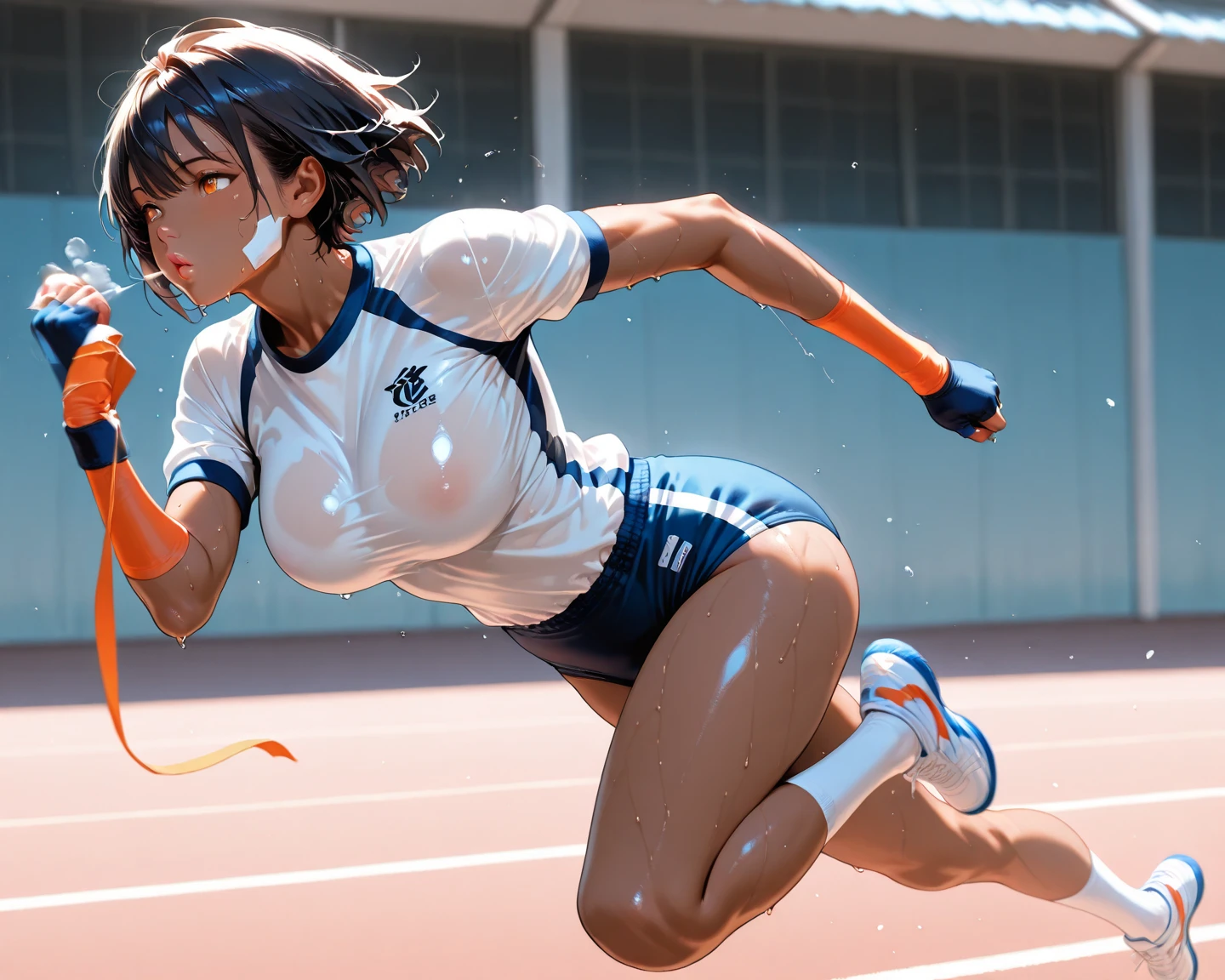 Photo of a 20 year old woman, Perfect Face, masterpiece, good, Sports bra,Racing Bloomers、good, Dynamic Perspective、Run at full speed、Sweat flying、Serious face、Crouching Style、Track and Field、Nipple swelling、Pussy Cameltoe