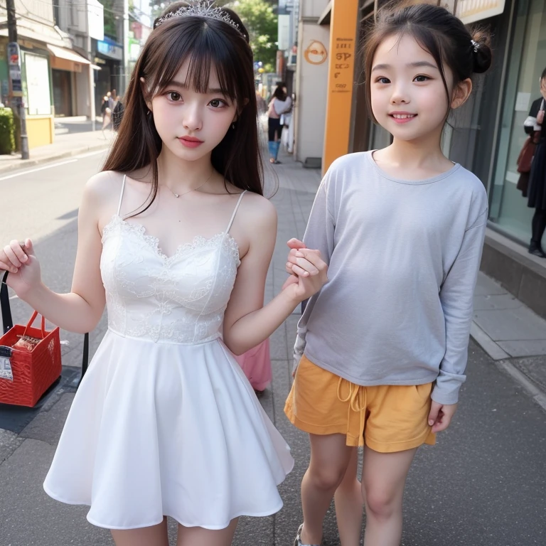 On the left side、Sunny、Daytime、on the park、Right、to stand、childish、small breasts、Smiling、Up to about shoulders、Brown-haired、teens girl、12year old