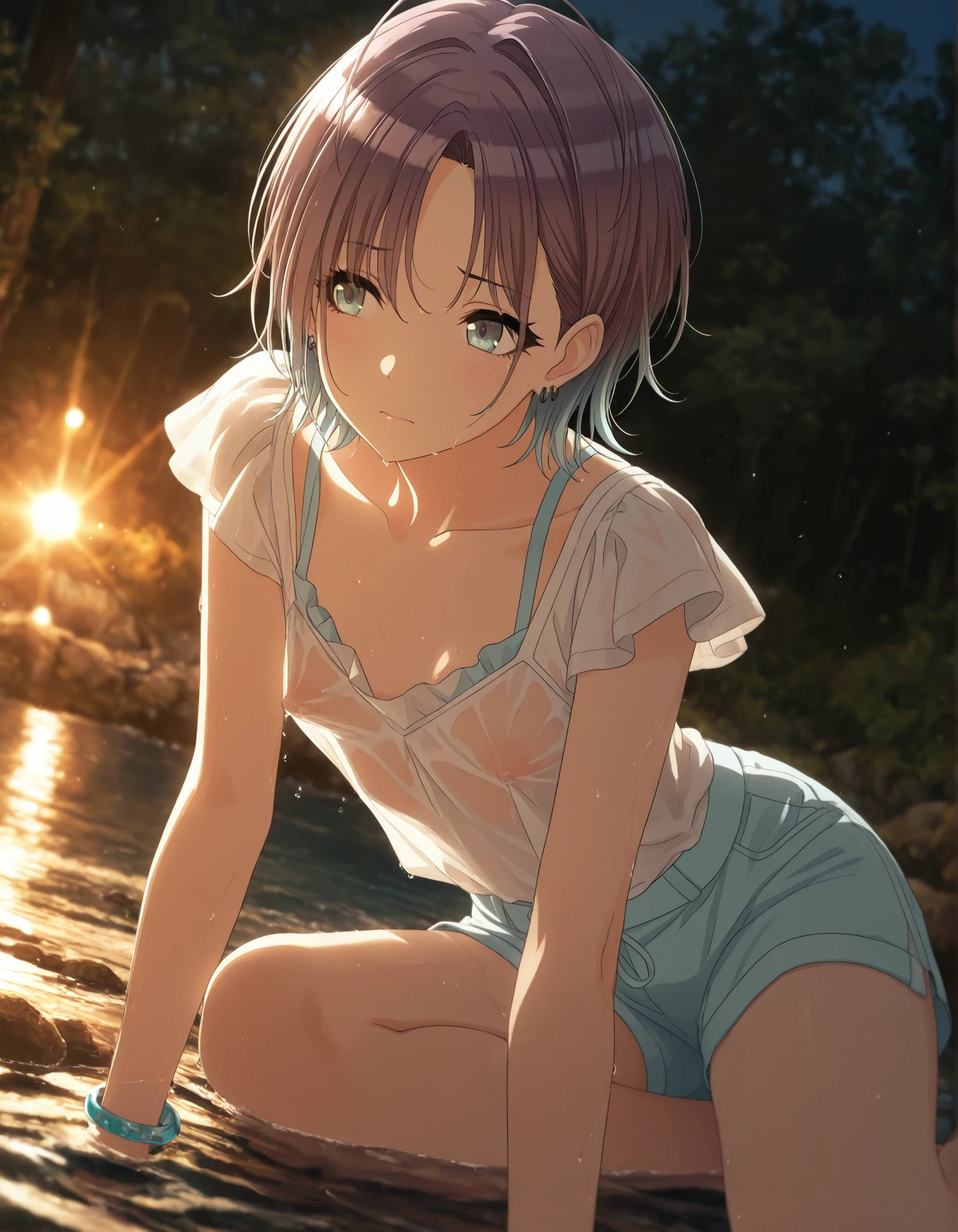 masterpiece,best quality, good quality, dark ,outdoors, ruin, ((cinematic light)), close up, shanimas, source_anime,asakura toru, short hair, brown hair, blue hair, blue eyes, , , 1girl, solo, looking away, ahoge, bracelet, earrings, (white shirt, light blue shorts, idol clothing), , parted bangs, bracelet, (small ), (slim arms), (dutch angle), yokozuwari, on water,(),see-through , erected ,light embarrassed,(), wet body, , light embarrassed,