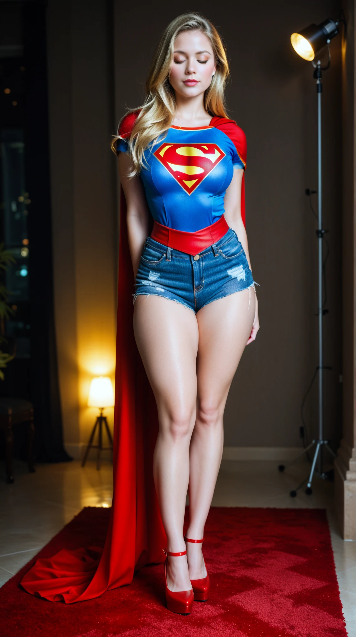 1 girl ((dressed as supergirl)),beautiful pretty Realistic supermodel,(blue eyes),(She is smiling),perfect face,split lips,(Best quality, 8k, Masterpiece: 1.3), perfect hands, clear focus : 1.2, perfect body beauty: 1.4, slim abdomen: 1.2, highly detailed face and skin texture, detailed eyes, (long blonde hair with bangs: 1.3) standing, full body, dynamic pose, (on top of a building )
