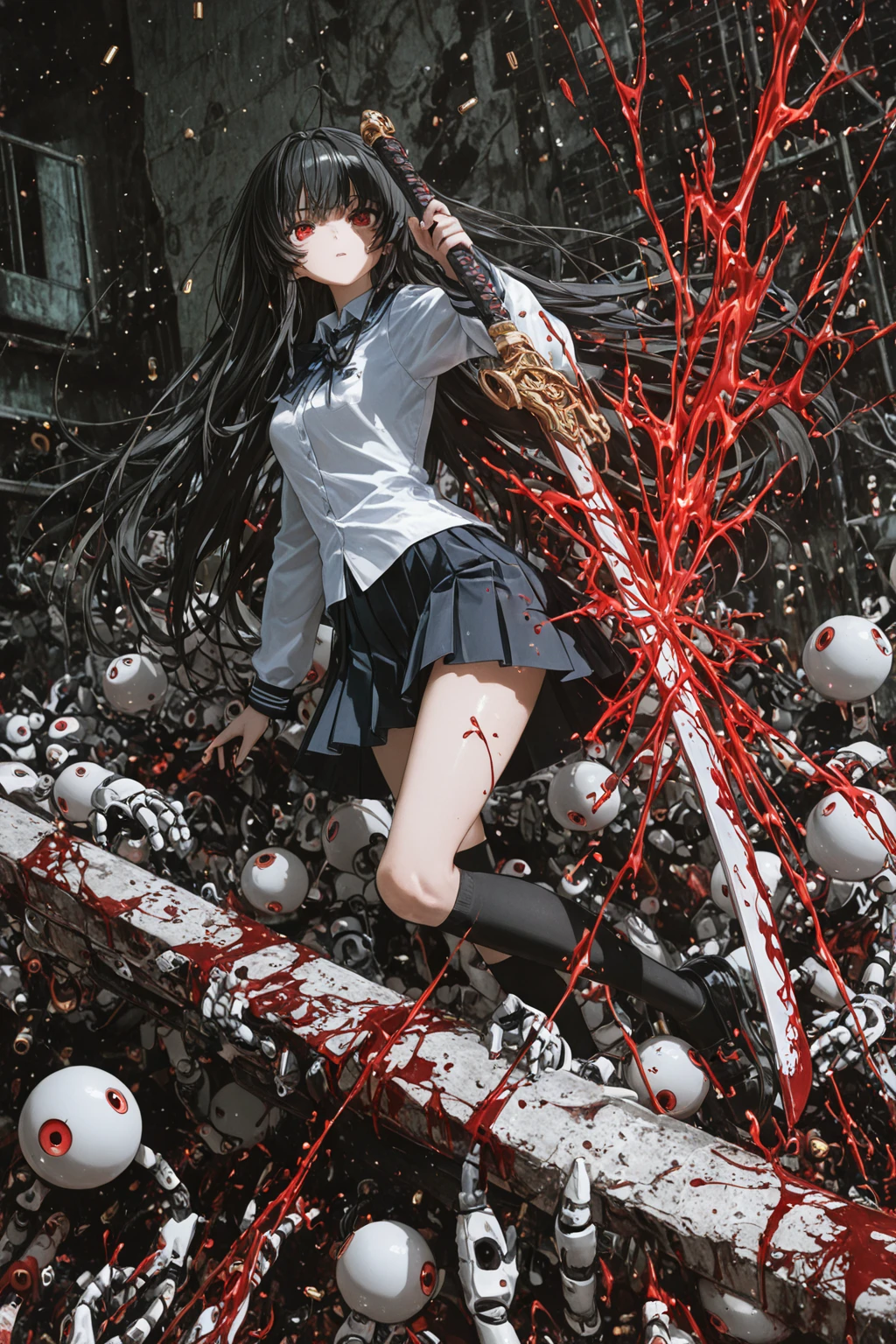 A girl with long dark hair tied to an inverted cross, with hands and legs tied with thick ropes. The girl, dressed in a dark school uniform with inverted religious symbols on her clothes, He has blood marks on his arms and face, with an expression of ecstasy or suffering looking towards the sky. Around it, There is dense vegetation and light poles with electric cables, giving a contrast between nature and the urban environment. Violet and pink flowers add a dramatic and sinister touch to the scene., while the bright lighting and white background highlight the cruelty and dark symbolism of the situation. The style is detailed and graphic., with a strong emotional and visual charge of sacrifice and desperation
