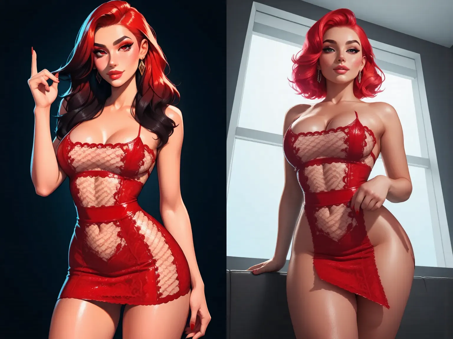 STICKER, Starfire, (best quality, masterpiece, highres:1.3), (solid outline:1.2), absurdres, women full view, large breasts, star eye, Starfire, Superhero, blush, red eyes, red hair, purple costume, naked, see thru, milf, full body portrait, cowboy shot, no background, looking up, perfect face, detailed face, bangs, perfect body, beautiful eyes, pretty face, bright skin, idol, shoes, cleavage, face view, ass view, side by side, sexy stockings, unbutton top, panties, full body, shoes visible, standing up, holding her breasts, naked top,