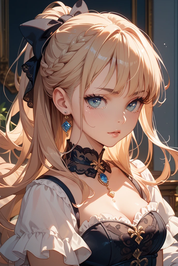 1 girl,Depp's Sense,confused,catch light,Super beautiful illustration,(blonde,long hairstyles:1.6),turn around,eye shadow,(Red clothes,lolita fashion),Upper body,;d,beautiful and delicate flowing hair,delicate and detailed blue eyes,emphasized chest,big breasts