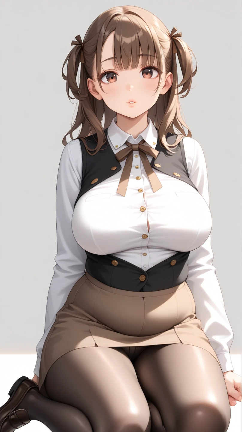 Mommy short brown hair huge with very big and huge breasts with tactical uniform scarf pleated skirt very beautiful and very detailed