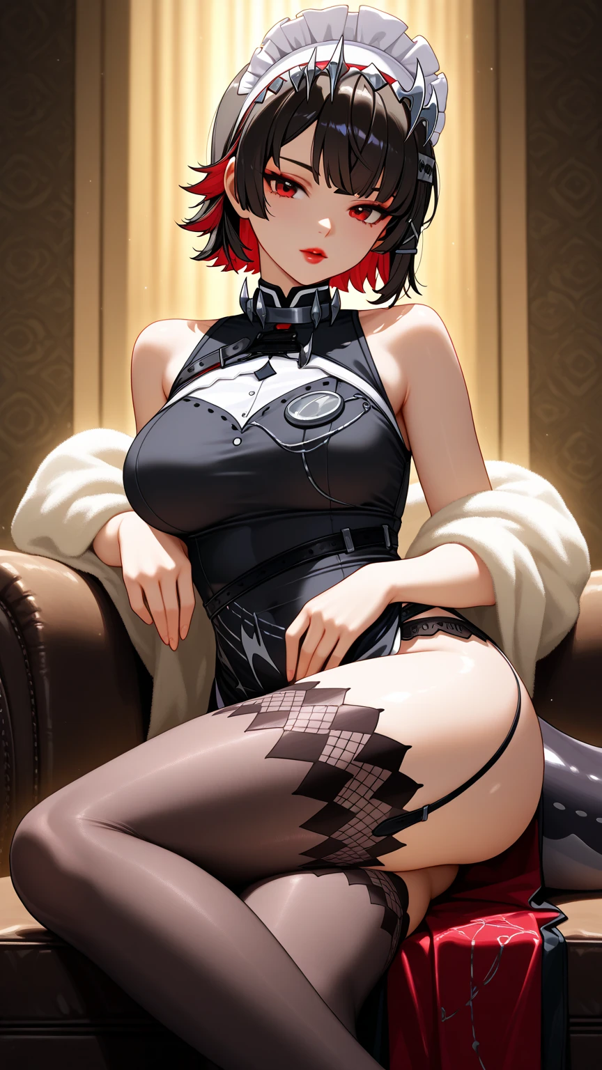 table top High level image quality best image quality 8K adult woman whole body portrait pure white long gloves(elbow gloves) riding black long dress(slit), pure white pantyhose crotch, open legs, short hair((shortcut)(red hair)(perm)(fluffy)) eye color is red attractive face((laughing)( mouth))nightfall moon sexy pose , crossed legs style in detailed , sitting, labrynth