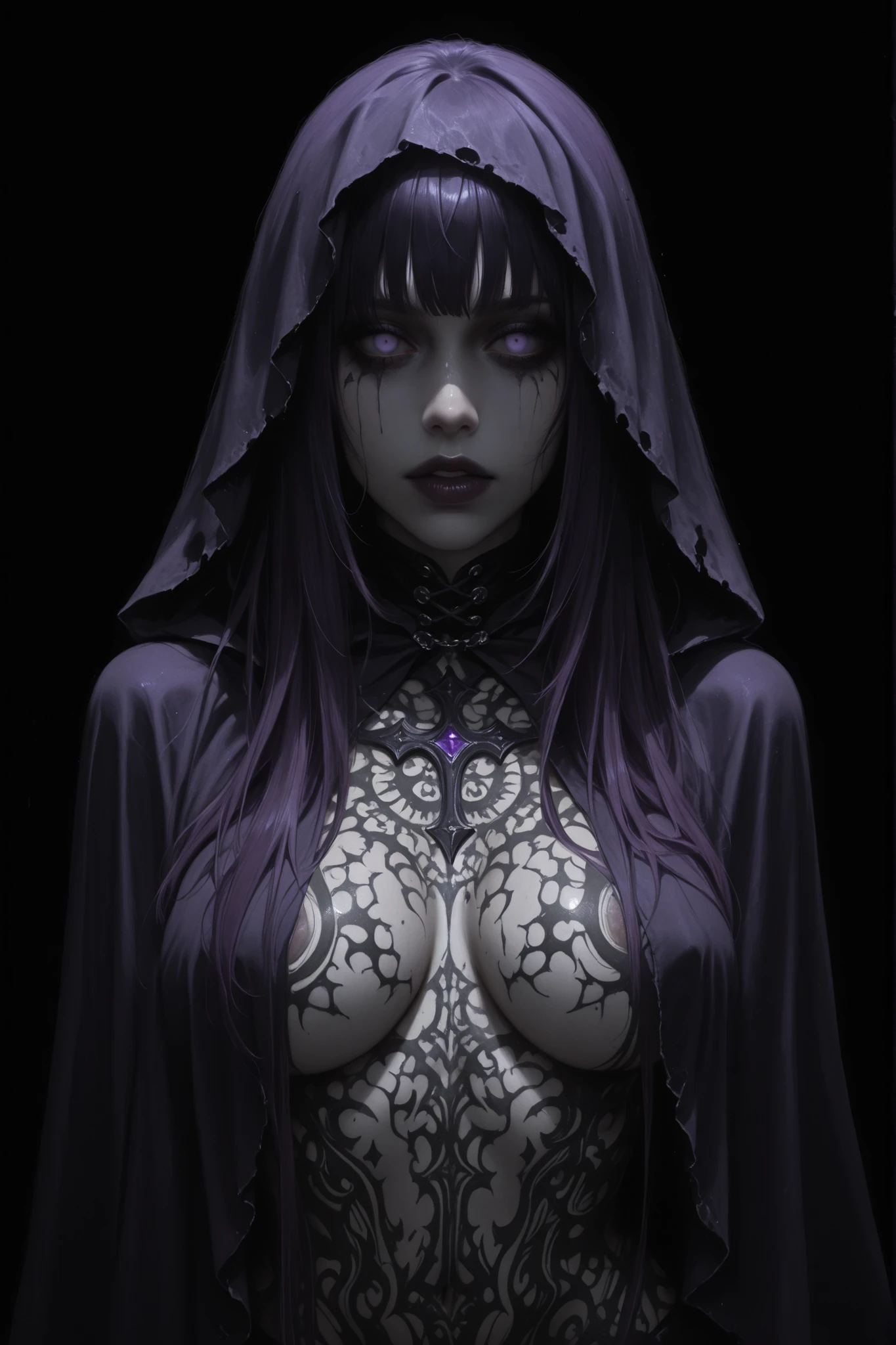 girl,teen, dark vampire girl, vampire fangs, cloak, facepaint, bodypaint, evil look, accesories, exposed breasts, small breasts, naked breasts, topless, vibrant appearance, creative behavior, imaginative, sensual, spontaneous, highest quality, skin texture, intricate details, (cinematic lighting), RAW photo, 8k