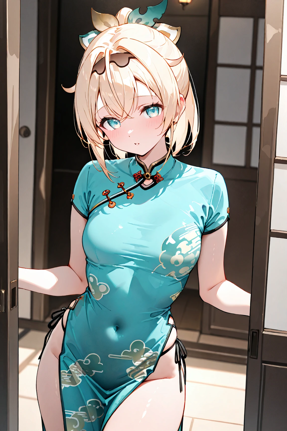 (masterpiece,highest quality,超A high resolution),Japanese women, (((Very beautiful 18 year old girl))), pretty girl、Look at the photographer、 ((Beautiful blonde bob hair)), Very cute face, Glossy Lips, Double eyelids on both eyes, blue eyes, Natural smile、 Natural Makeup, Long eyelashes, Shiny and smooth hair、Center image, Perfect limbs, Perfect Anatomy,(((Shiny Chinese Dress white panties))),undressing panties,Pull down your pants、Wet with sweat,Cowboy Shot,