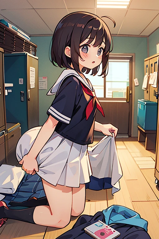 {best quality},locker room、Female college student、Short black hair、bangs、Large beautiful breasts、Restaurant staff clothing、short-skirt、Smiling with embarrassment、open-mouth、standing、cowboy shot、High angle