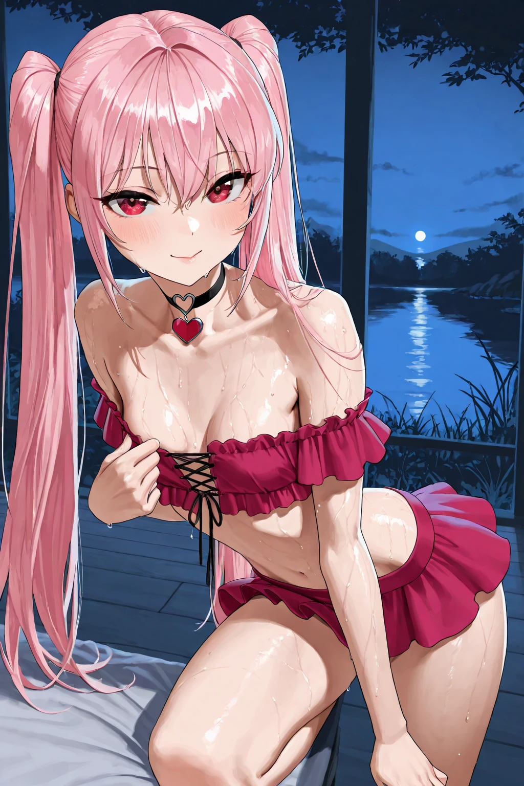 Japanese anime girl, beautiful, glowing hair, wearing a red bikini, holding a cat, neon-washed urban street, vintage, neon-washed white bikini, anime styled,
