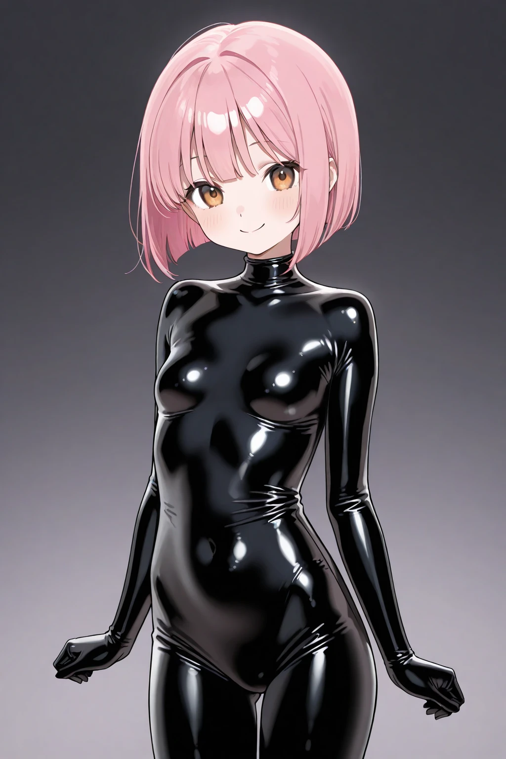 shiranui kaya, 1girl, solo, looking at viewer, naughty face,smile, bangs, torture room background, green eyes, pink hair, ahoge, black arm gloves,black latex leotard,bare shoulders,black latex high heels,standing,thick tighs,wide hips,