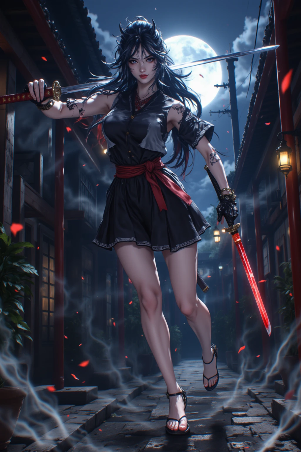 best quality}, {{masterpiece}}, {highres}, Perfect waist cut, Large breasts, Warrior girl with a small short sword on hand, Skimpy organza transparent clothes, organza elements on clothes, net clothes, leather glossy elements on clothes, dark blue hair with red highlights, (perfect nose), Seductive gaze, dark blue knee high boots on high heels with red highlights, (Best Illustration), 8k Resolution, Intricate Details, Best Quality, Realistic, Ultra Detailed, Best Lighting, Best Shadows, Ultra HD, A Necromancer style, Night, Magic, Dark Style, Vampire, (shining red eyes:1.6), masterpiece, high_res, Beautiful face, tyndall effect, photo realistic, (high detailed skin:1.2), 8k uhd, dslr, high quality, Photograph, high resolution, 4k, 8k, Bokeh, absurdres, ponytail contorted, best ratio four finger and one thumb, front view, dark blue hair gorgeous, perfect proportional skinny fitness body, full body view, wet skin, wet clothes, dark cathedral baground scenery, huge bobs, belly muscle, long fit perfect legs, fishnet dark red Stockings, realistic reflection in the water