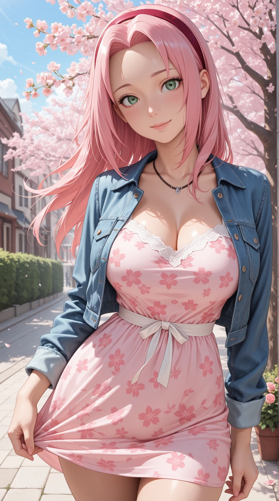 ((Highest quality, 8k, masterpiece :1.3)), (Sharp focus :1.2, Beautiful woman with perfect figure :1.4, Slim Abs), ((Big Breasts, Emphasize cleavage:1.2)), (Photorealistic:1.4), (realistic:1.4), (Pink Hair:1.5), Highly detailed face and skin texture, Fine grain, double eyelid. Makeup face, A little bit of lipstick, sex appeal, Sexy gravure pose, ((Sexy girly beauty in a lace white blouse and pink mini skirt。While being blown by the wind on a street corner、肩に手を置いたSexy gravure pose。He has big sunglasses on his head。:1.3)
