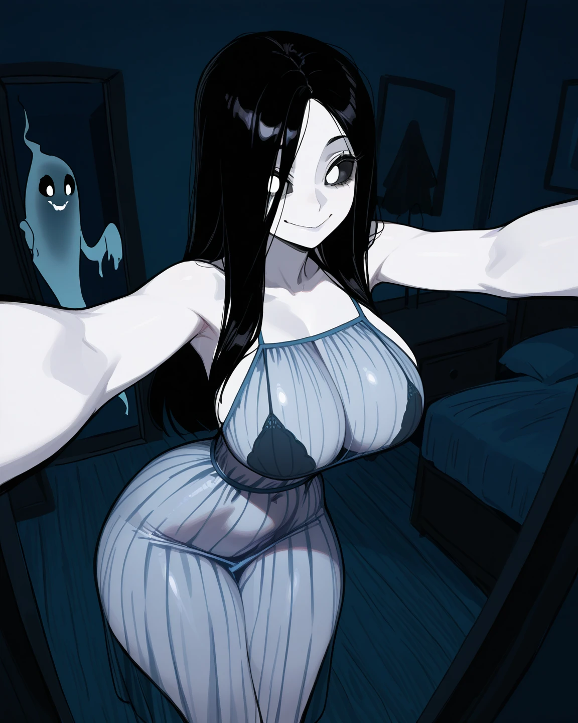 <lora:marceline-000007:0.8>marceline, 1girl, fangs, solo, vampire, long hair, fangs out, dot eyes, bite mark, black eyes, colored skin, high heels, black hair, standing, very long hair, grey skin, smile (Extremley detailed slutty lingerie:1.3, garter straps, garter belt, thighhighs, ) curvy, (gigantic breasts:1.3), looking at viewer, covered nipples, indoors, living room background, sexy pose, nsfw, explicit <lora:add_detail:1>masterpiece, best quality, absurdres, adventure time,
