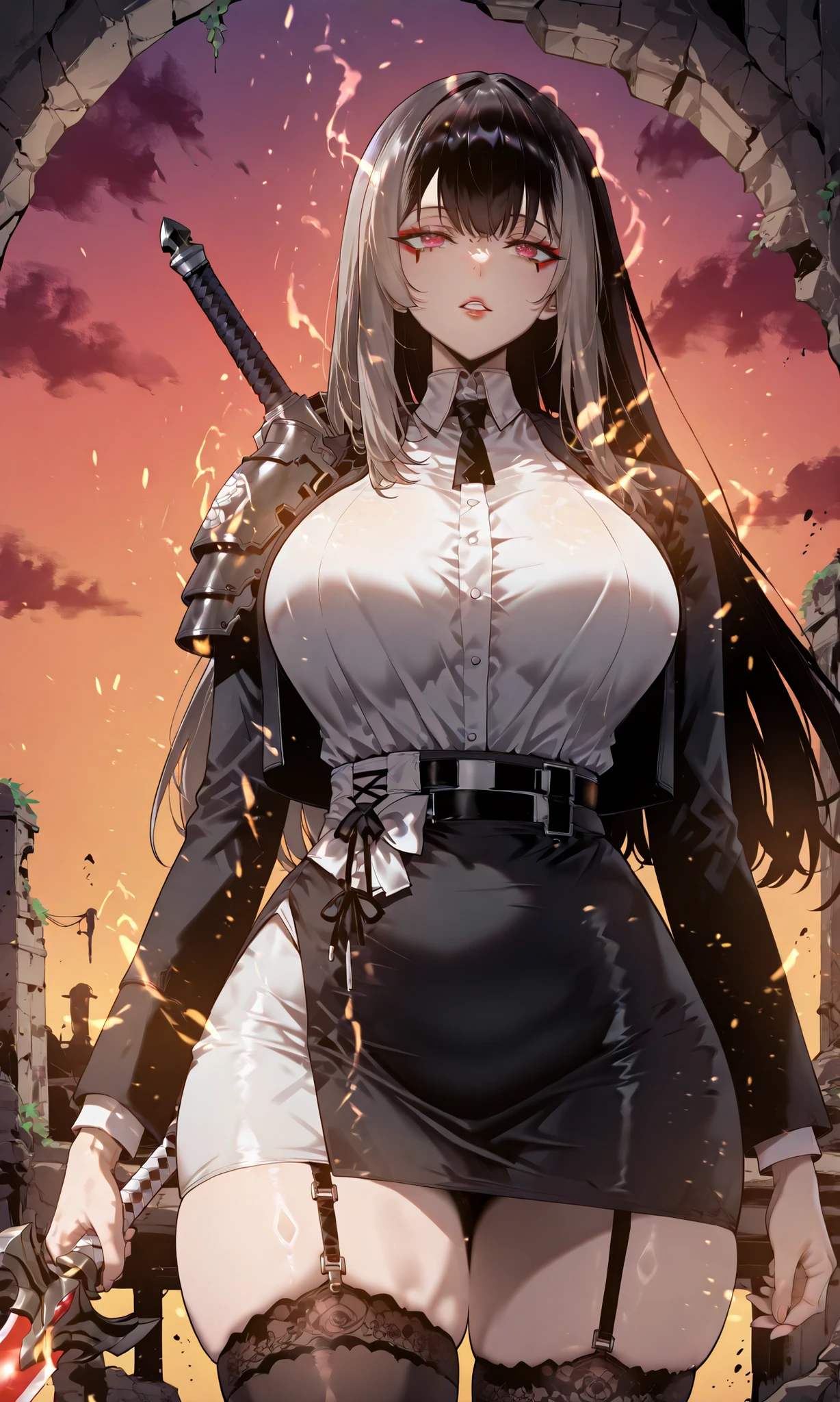 caveの中、、Ruins、Attach a、black suit、Attach a、sword、Japanese sword、black suitを羽織る、black suit、Wear a black jacket、ゴスロリなshirt、Depressed、Tall Woman、A woman in her thirties、 Alassah's woman、Steins;Gate、black suit、score_9, score_8_up, score_7_up, Source_anime,masterpiece、No expression、no makeup、top quality,beautifully detailed eyes in a logistics warehouse, Exquisite Eyes、A sophisticated eye、very detailed eyes and face,unmotivated expression、lethargic face、 long breasts, Female 1, Black Jacketを羽織る、Black Jacket、shirt、miniskirt by kouenn、Short Skirt , big saggy breasts, shockingly big breasts, big breasts,big boobs、boobs 、Zitoida, makeup、no makeup、long hair、smooth straight hair、black stockings、garter belt to carry a sniper gun、黒のgarter belt to carry a sniper gun、tall woman outdoors at the seaside、Tall Woman、plump thighs、taken from below、Armor, parted lips, shoulder Armor, shining eyes,(Fire Aura Onkown),dungeon内、Crimson Eyes、long hair、dark haired、黒い髪、long straight hair、dungeon、cave、Ruins、solo、swordを持っている、soloプレイヤー、red aura、 Crimson Aura 、zone、sword、大sword、Japanese sword、Sword、ゴツいsword、厳ついsword、Buster Sword、大Sword