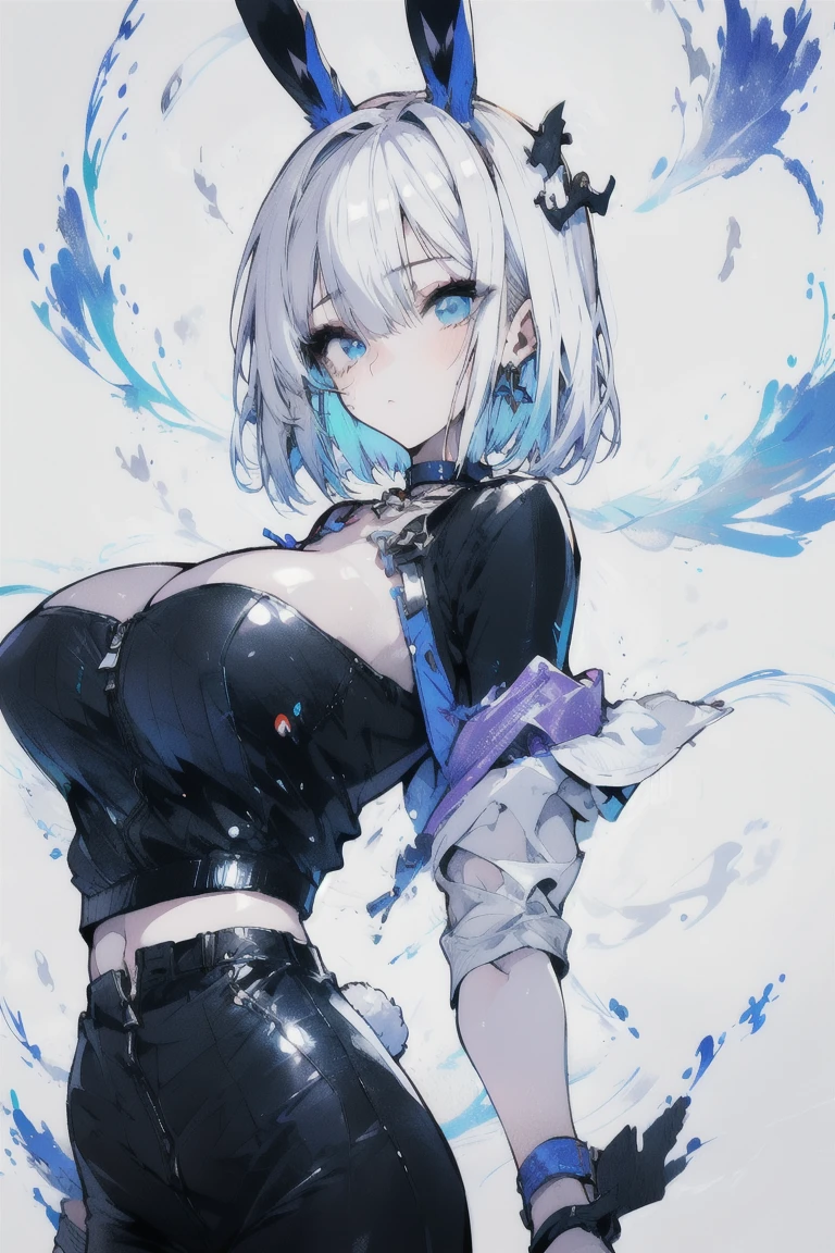 super high image, super detail, super high resolution, adult female, sexy, beautiful, cute, amorous expression, lewd expression, orgasm, light silver glossy braided bangs short hair, sparkling big eyes, double eyelids, huge breasts, abs, tight shirt, cleavage, super mini skirt, professional lighting