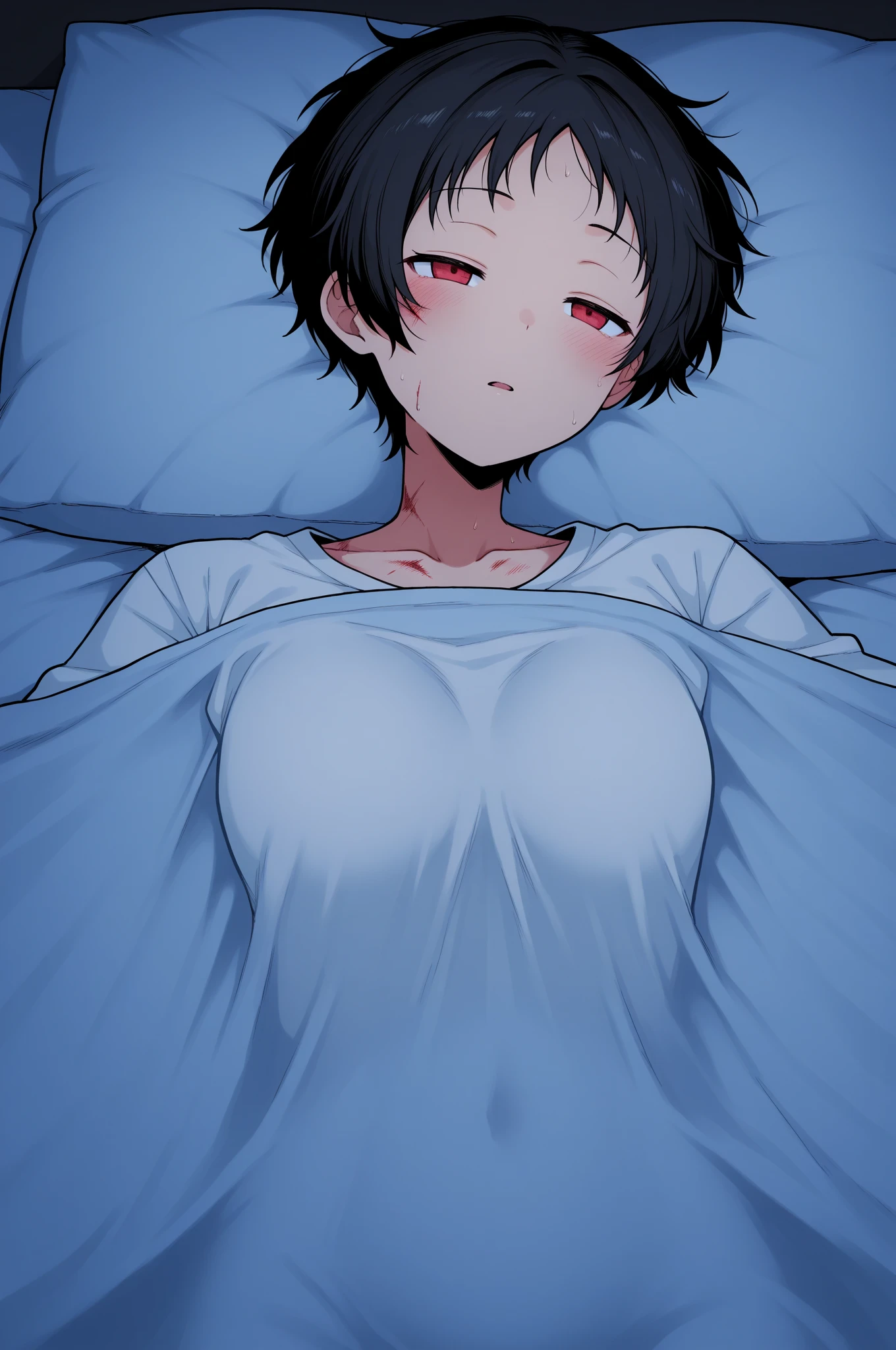 Missionaries, Sex, Vaginal,  One girl, One middle-aged man, penis, Lie in, White T-shirt, Bottomless, Medium Hair,( Two-tone hair ), No correction, Voice of the Heart, , Mouth closed,  blush, Cuckold　　high school girl　超Big Tits　Ahegao　Falling into Pleasure　Very large breasts　Raped until unconscious　Focus on the chest　Big Tits　Big Breasts