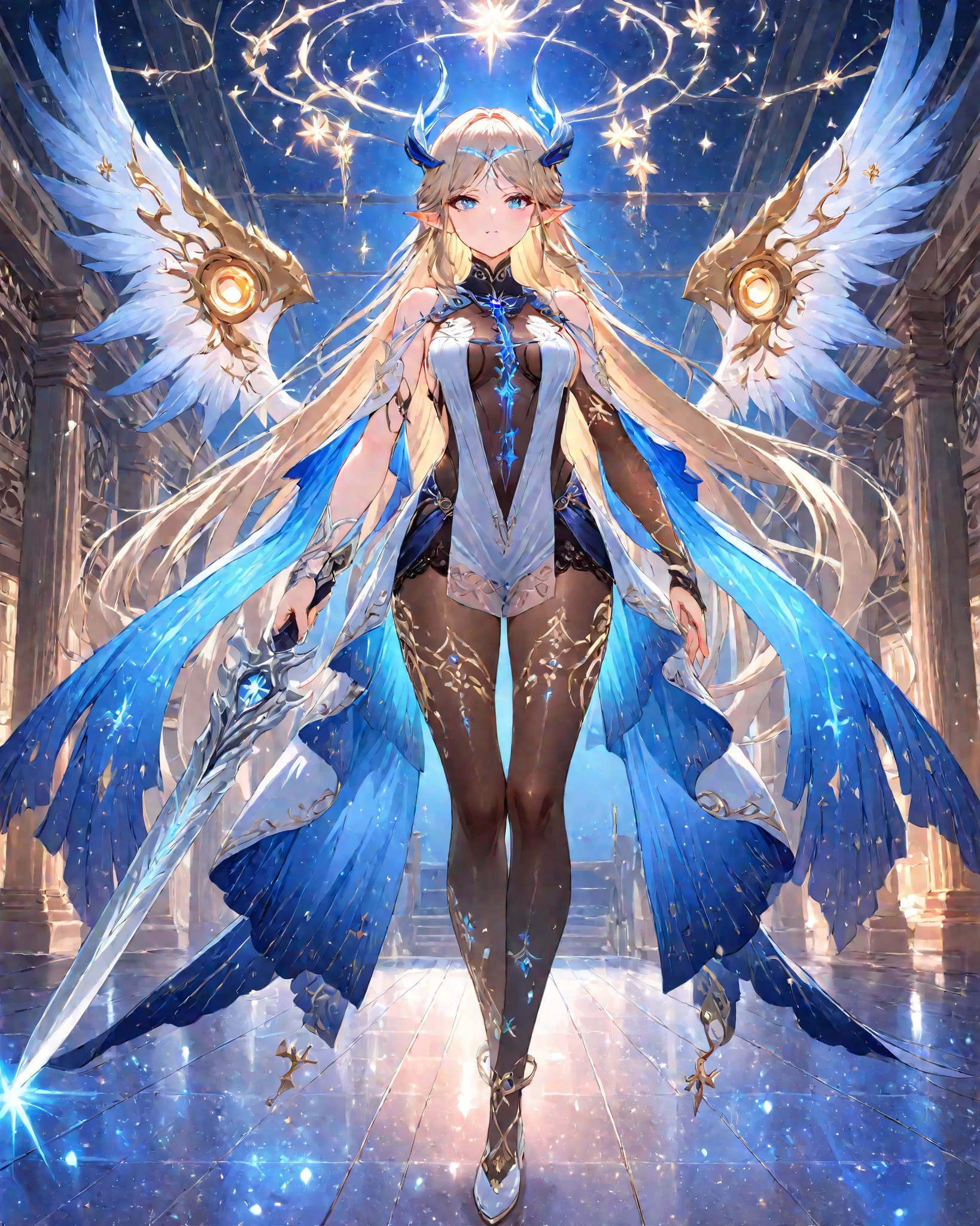  Front Angle, (High Fantasy, Ultra Detailed, Masterpiece, Sharp Focus, 8k), {Fleurdelys from the game Wuthering Waves}:(Elegant celestial empress with long, flowing silver-blonde hair and a golden horn protruding from her forehead, adorned with a crown of glittering crystal horns and intricate blue ornaments, she wears a majestic asymmetrical costume: on one side, a sheer black bodysuit with silver and cobalt accents, on the other, draped in translucent blue veils with a starry gradient, reminiscent of the night sky, her long train is decorated with constellations and golden symbols, she has delicate elven ears and ethereal makeup, her arms are protected by ornate silver bracers with wing-like extensions, and she wears a single crystal anklet), (Fleurdelys extends one hand forward materializing her ceremonial sword "elegant design, , long, curved blade with a smooth, tapering tip, made of metal silver with translucent light blue edges, glowing runes along the blade, handguard shaped like open wings, hilt wrapped in white and light blue ribbons, gemstone inlaid in the hilt glowing softly, faint air magic swirling around the blade, ethereal wind particles surrounding it"), (the setting is a cool-toned temple with a rounded ceiling, the lighting is natural and very bright) 