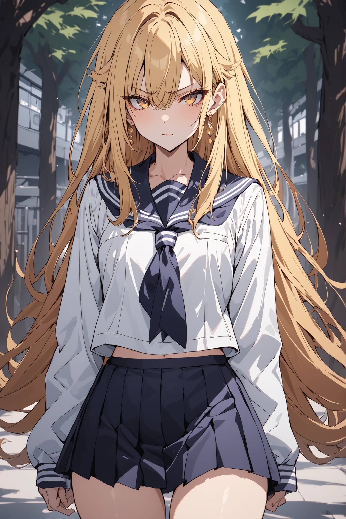 ((Ultimate Masterpiece,top quality:1.2)),(soro),A cool woman with a very slender figure stands at school,(Very thin thighs),cowboy shot with a close cute face,beautiful skin,Very long, straight blonde hair, perfect yellow eyes , tree eyes ,serious expressionless,in a white-based short-sleeved school sailor suit,dark blue pleated skirt,Gold Earrings