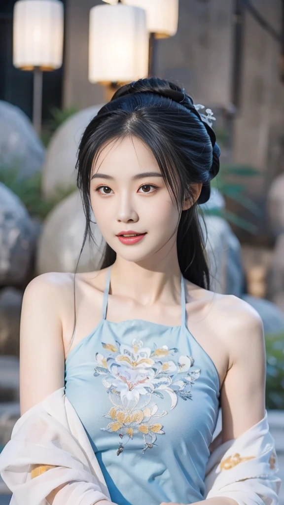 Highest quality,  Very detailed, finely, High resolution, 8k wallpaper, Black Hair、Perfect dynamic composition, finelyて美しい目,  Updo、Natural Lip, (Big Breasts:1.2), Cleavage, smile、ponytail、((Bend over and peer at me))、((Close your mouth))、Off-the-shoulder light blue dress、Flower Garden、((
Pursed lips))、keep one&#39;s mouth shut
