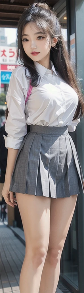 1 beautiful girl, Sad Japanese girl, Long Hair, 18-year-old, A beautiful face without blemishes, Rosy Face, Iris, Thin eyebrows, The most thorough makeup is the eyelashes, Pink lipstick, lips , Elegant smile, Her breasts are big and round, Narrow waist, Big Breasts, moderately large butt, Long legs, Reaches up to the waist、Wear a thin, semi-transparent white button-up shirt that reveals your underwear, She is wearing a grey plaid pleated mini skirt., high school student, Black Loafers, Thighs, Long Hair, Visible body curves, Straightly stretched hair, One afternoon, The sun goes down, The sky is orange, Sunny sunset background image, Quality Best image quality, 8K quality, Real Girls, artwork, whole body