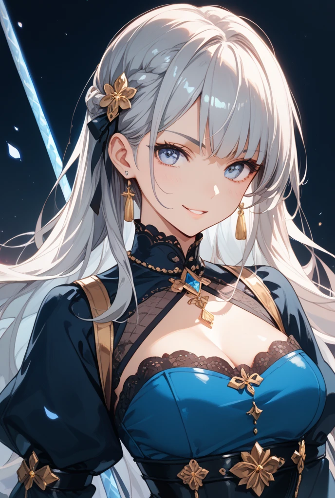 (masterpiece),(best quality),(ultra-detailed),(best illustration),(best shadow),(absurdres),(detailed background),(very aesthetic), Swordmaster, long hair, gray hair, red eyes, perfect face, blue_armor, ((exposed arm)), blue_ornaments, blue_tabard, thong, belt, ((big tits)), exposed belly, smiling, 1girl, legs exposed, strikes, Perfect face, thick thighs, ,add_detail:1, add_detail:0, add_detail:0.5, short skirt, pantyhose,