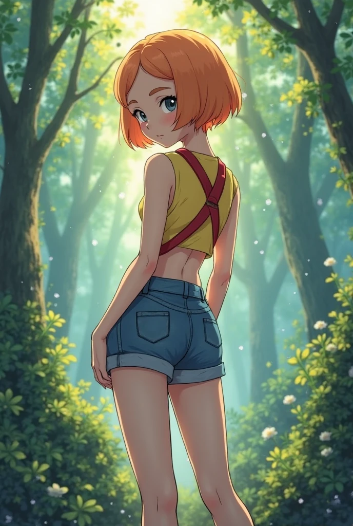 (Masterpiece), Best Quality, ultra-detailed, 1girl (Gwendolyn_Tennyson, lovely small breasts, orange hair, short hair, green eyes, half-closed eyes), smile, parted lips, nose blush, blush, solo, yellow tank_top(, tired), denim shorts, , in the forest, , walk, sexy walking, sexy waist teasing, spread arms, looking back