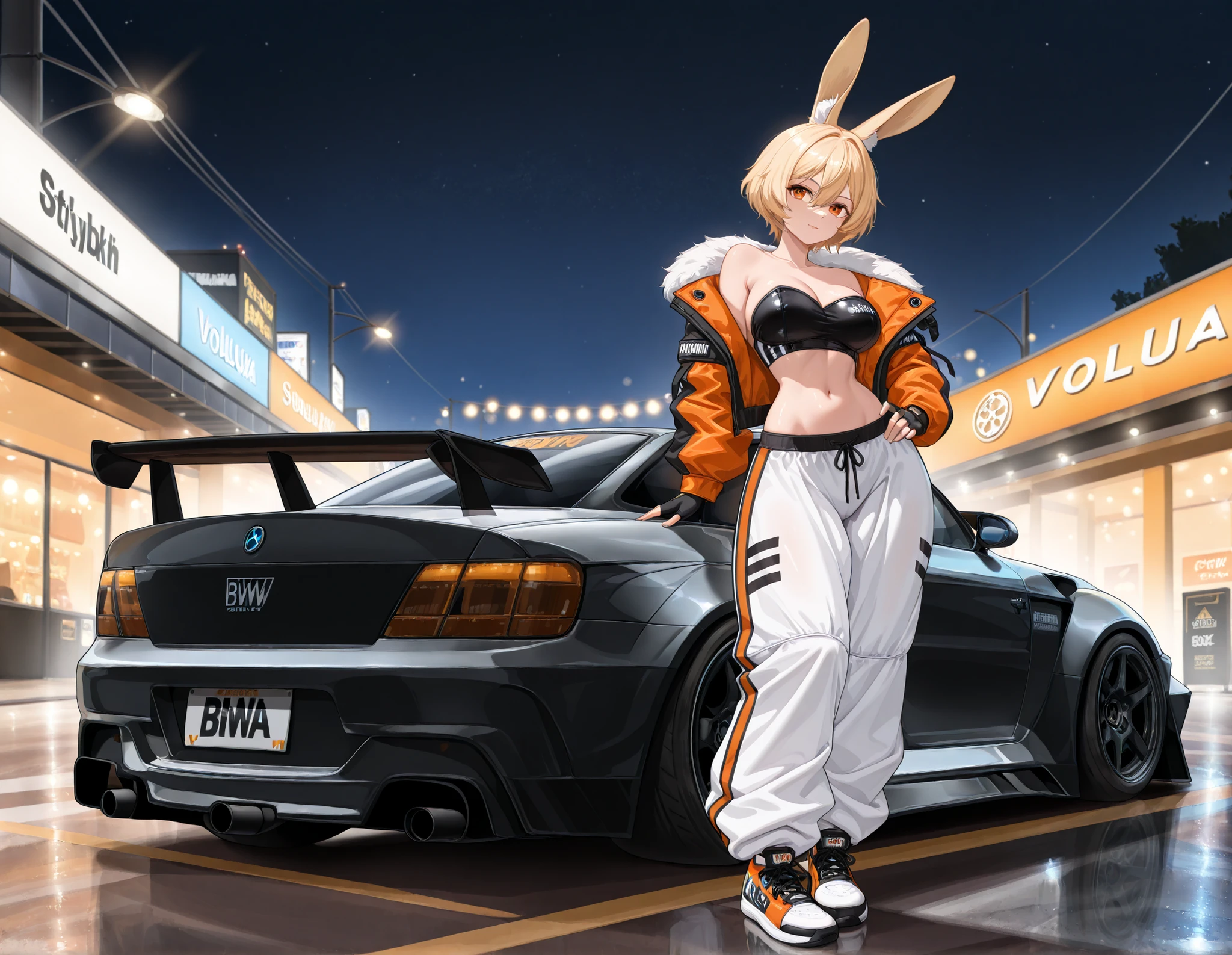 (1girl, solo, rabbit ears, blonde ears, fur ears, blonde hair, short hair, hair between eyes, beautiful face, orange eyes, beautiful breasts, navel, wide hips, stylish jacket, strapless top, baggy oversized pants, harem pants, stripe prints, stylish sneakers, fingerless gloves, standing, posing, graceful, sexy, cute, full body, street racer, tuned car, bodykit, full car, highly detailed, bmw car, night, masterpiece, best quality, amazing quality, very aesthetic, high resolution, ultra-detailed, absurdres, newest, volumetric lighting)
