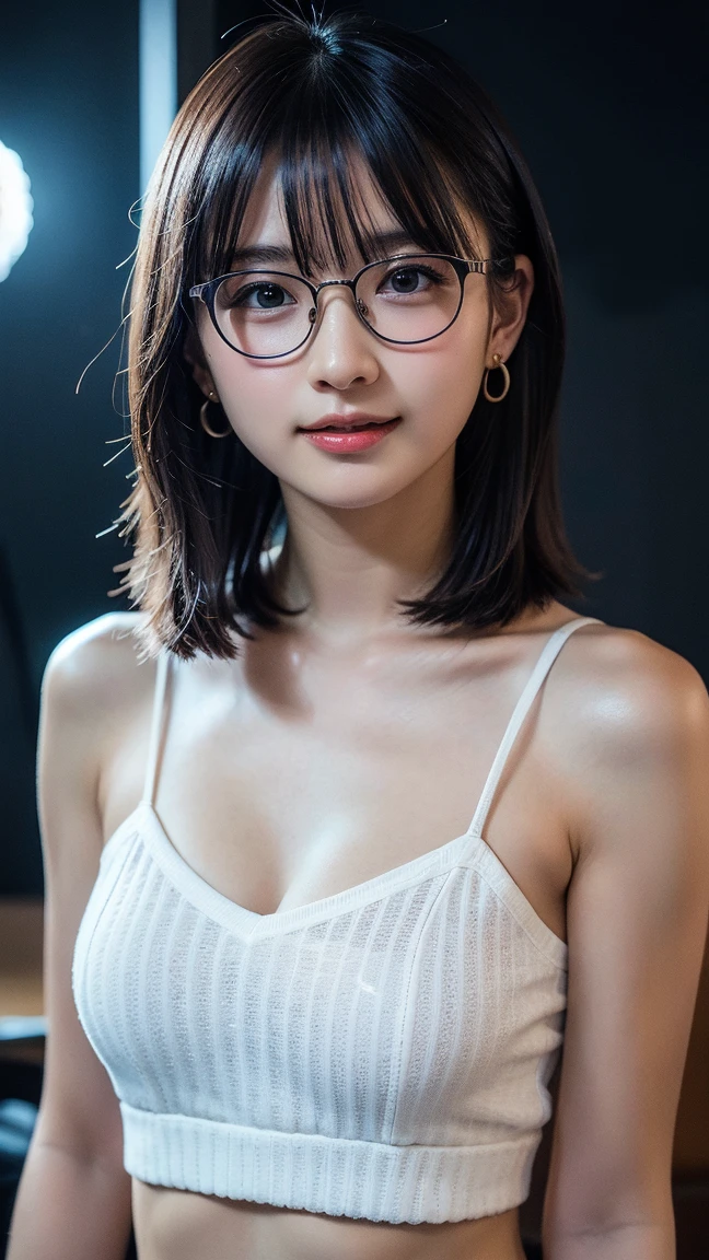 ((best qualtiy, 8k, tmasterpiece:1.3)), (Flower Cap:1.3),Focus:1.2, perfect figure beautiful woman:1.4, Cocked buttocks:1.2, ((Cut hair in layers:1.2)), , (dark Street:1.3), Highly detailed facial and skin texture, full bodyesbian,A detailed eye, 二重まぶた,Whiten skin,long whitr hair,(with a round face:1.5),(Loose crop top,shorter pants:1.6)Wear rimless glasses