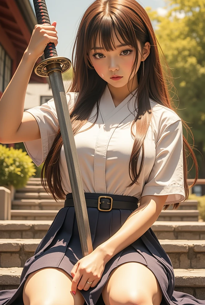 (top quality, masterpiece), 1girl, intricate details, (realistic lighting with shades), huge file size, high resolution, atmosphere, mystical, romanticism, literature, art, fashion, elegant, realistic, (perfect anatomical depiction of the human body), teenage girl is dressed as a Japan schoolgirl with Japan sword demonstration and legs raised, ( She has a beautiful posture of upper step spinning kick while holding a sword), serious expression as if in battle, The girl is a brunette Japan with pigtails with whitening skin blue eyes and long hair braided in parts, japanese, (very big), (super big), (thin waist), (meaty big buttocks hanging down), (thin thighs), (baby face), ( neat white blouse of smooth thin fabric in a crimson ribbon tie), (blouse breasts are very cramped), (no bra), (dark areolas), (blouse crushing large breasts and spreading to the side), (dark blue tartan check micro mini pleated skirt), (white and large panties covering the buttocks), ((no skin exposed on the upper body)), (neat clothes with all buttons fastened), (Stomach, back and chest are hidden by blouse and cannot be seen directly), (Beautiful big blue eyes), (Thin and clear double eyelid lines in the eyes), (Glossy, plump and brightly toned tear bags under the eyes), (Light blue iris), (Some highlights on the iris and pupil), (Red representation of the conjunctiva), (Long eyelashes that are well visible), (Blouse with super big), ( skin and hair glossy in the sunlight), Daytime city shot, cameltoe, (beautiful posture with upper step kick holding a sword), (beautiful posture with toes held high),