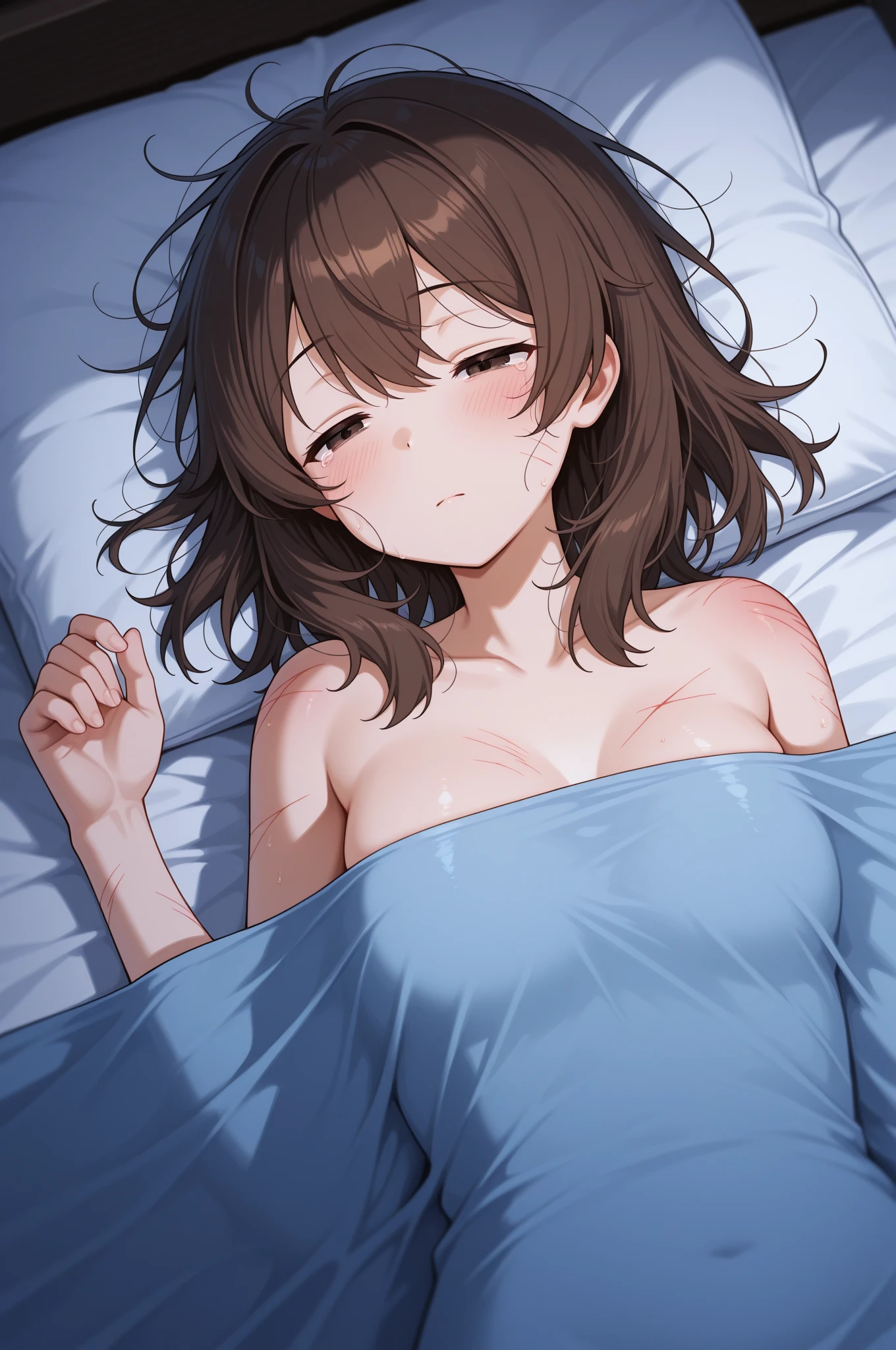 masterpiece,beste Quality, nsfw,Misaka_mikoto,16 years old、solo, brown eyes, Short_Hair, Small_Breast,crying,open mouth,cowboy shot,(1man and 1woman,having sex,loss of virginity,pov),man on top,(vaginal penis),White loose socks,naked,bara naked,nipples,vagina,wet crotch,arms behind back,lying,on back,spread legs,sweat,simple bed、simple bedroom、