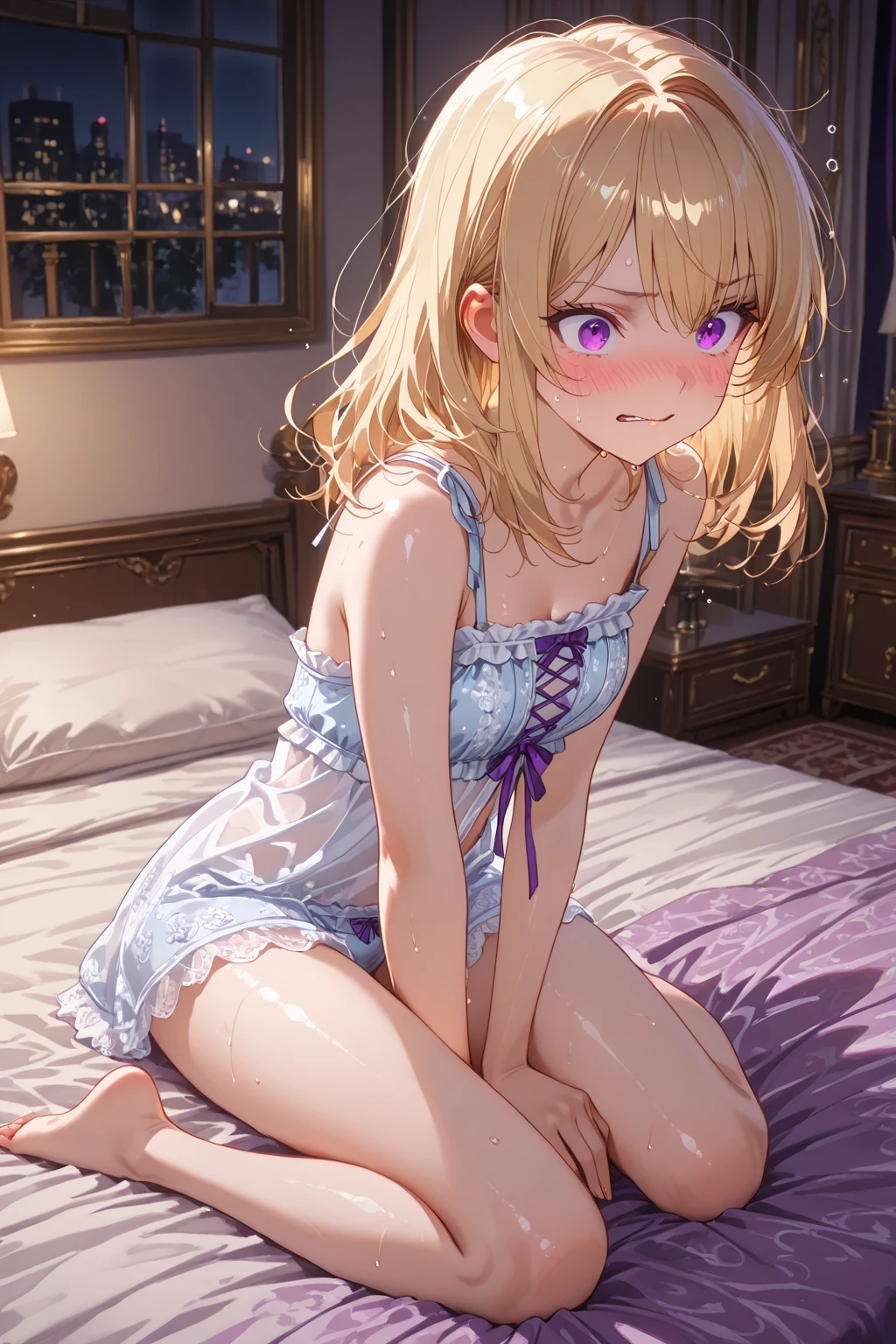 ((8k, Highest quality, masterpiece: 1.3)),Ultra-high resolution,(1 girl, alone), (Color changing eyes, Ultra-detailed, Expressive brilliance, Glitter, Glowing Eyes), Highly detailed eyes, Highly detailed face, Random Hair, ((pastel colour)),A playful young woman with pastel yellow hair styled into a messy bun, sitting on the edge of her bed during a quiet evening. She is wearing a bright pink bikini with frilly accents. The camera captures her from a side angle as she swings her legs back and forth, her hands resting on the bed while she gazes out the window with a thoughtful expression. As she shifts into another pose, she lies on her back with her legs bent at the knees, her arms resting at her sides while she stares up at the ceiling with a relaxed smile. The room is dimly lit, with soft shadows playing across the walls, creating a calm and peaceful atmosphere.