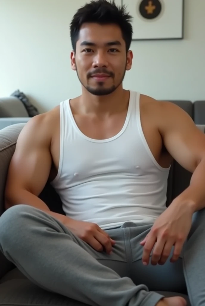 38-year-old Japanese business man in tight white boxer shorts Short Beard Short Hair chubby stocky thick show penis orgasm on a bed open legs huge amount of white goo of cum on chest stomach and face strong orgasm erection boner