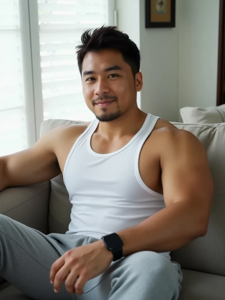 Middle-aged manสวมชุดซานต้าถอดเสื้อออก.，living room，Asian people，detailed background，Healthy body，Belly fat，Belly fat，Middle-aged man, Age 45 years，loongs, thailand，evil，He is about Age 45 years..，Looks rough and handsome...，No clothes..., ระบบmusculine，musculineขนาดใหญ่，Oversized chest muscles, Waist circumference，Background details，red underwear，white socks, angry, clear, bestquality, master-piece,（musculine：2），（fat：2.5），（Black Hair：2），(chest hair: 1.5)（skin wrinkles：1.5），（Glossy on skin：2）