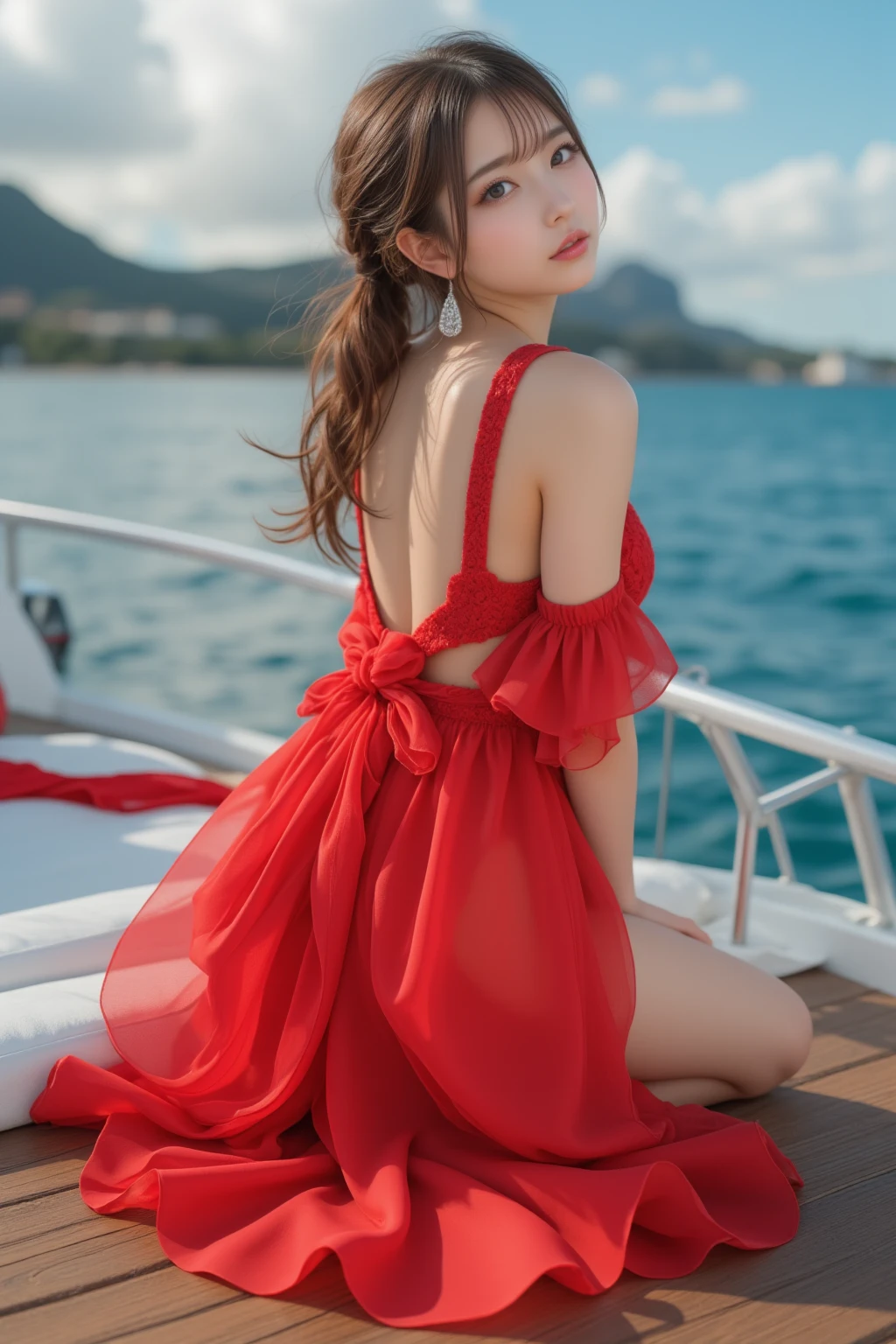 1.Best quality ,Masterpiece, illustration, An extremely delicate and beautiful, Extremely detailed,Best quality, offcial art, Extremely detailed Cg Unity 8K wallpaper, absurderes, hugefilesize , Ultra-detailed, A high resolution ,1girll,Beach photography by the sea,the sea,sandbeach,Positive focus。full bodyesbian;1.5,Twist braids,Lingerie with a slinger,short red dress