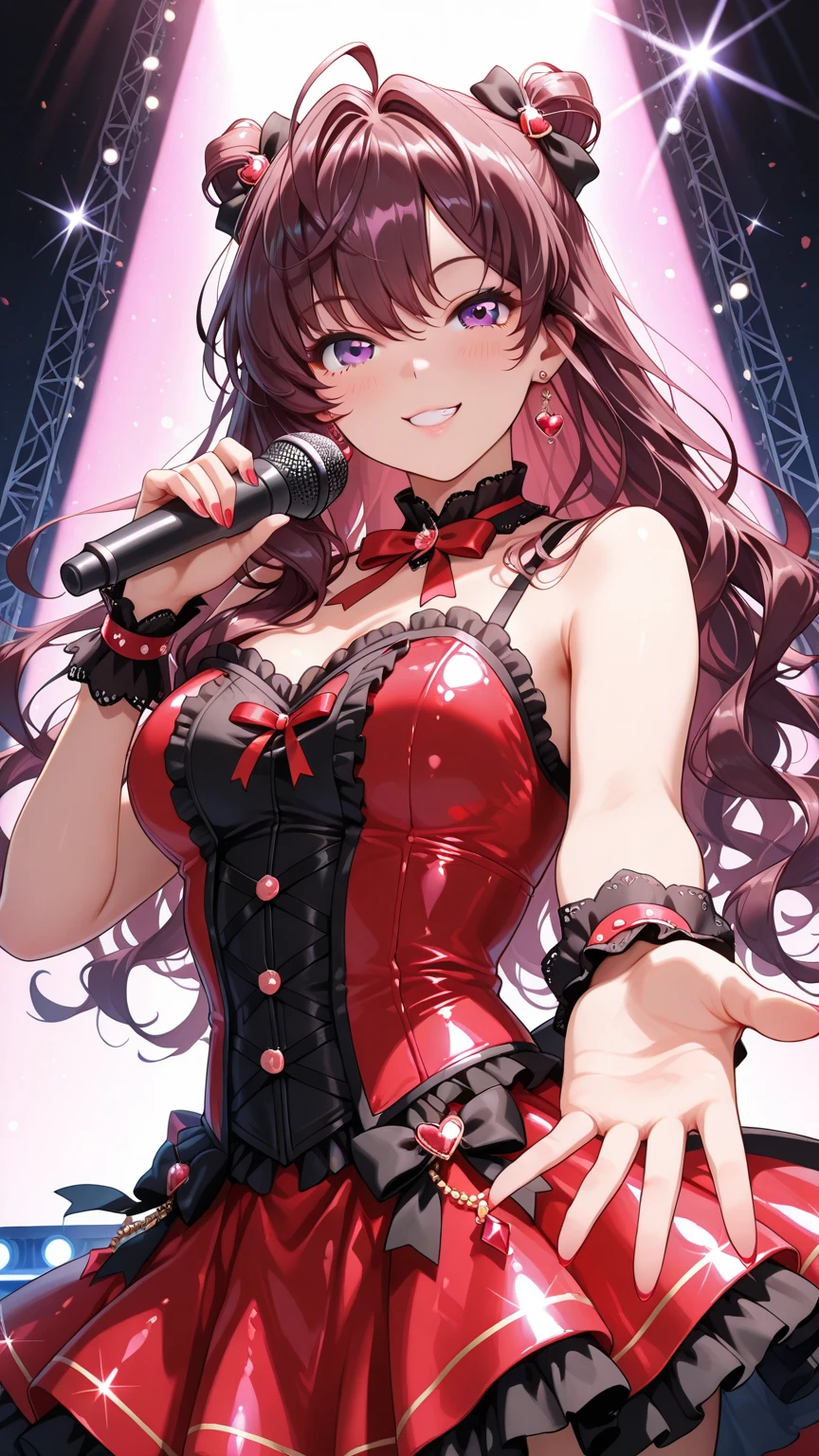 masterpiece, best quality, highres, ichinose shiki, idolmaster, long hair, two side up, red hair bow, (brown hair:1.1), ahoge, earrings, bare shoulders, <lora:ichinose_shiki_v1:0.7>,
(stage:0.8), smile, standing, cowboy shot, floating hair, thighs, large breasts, looking at viewer, pink stage lights, (:3:1.3), pantyshot, bow panties, (no pants:1.4), cleavage, navel, nose blush, red bra, red panties, frilled bra, frilled panties, (underwear only:1.5), one eye closed, (bare arms:1.2), <lora:retrowave_0.12:0.8>