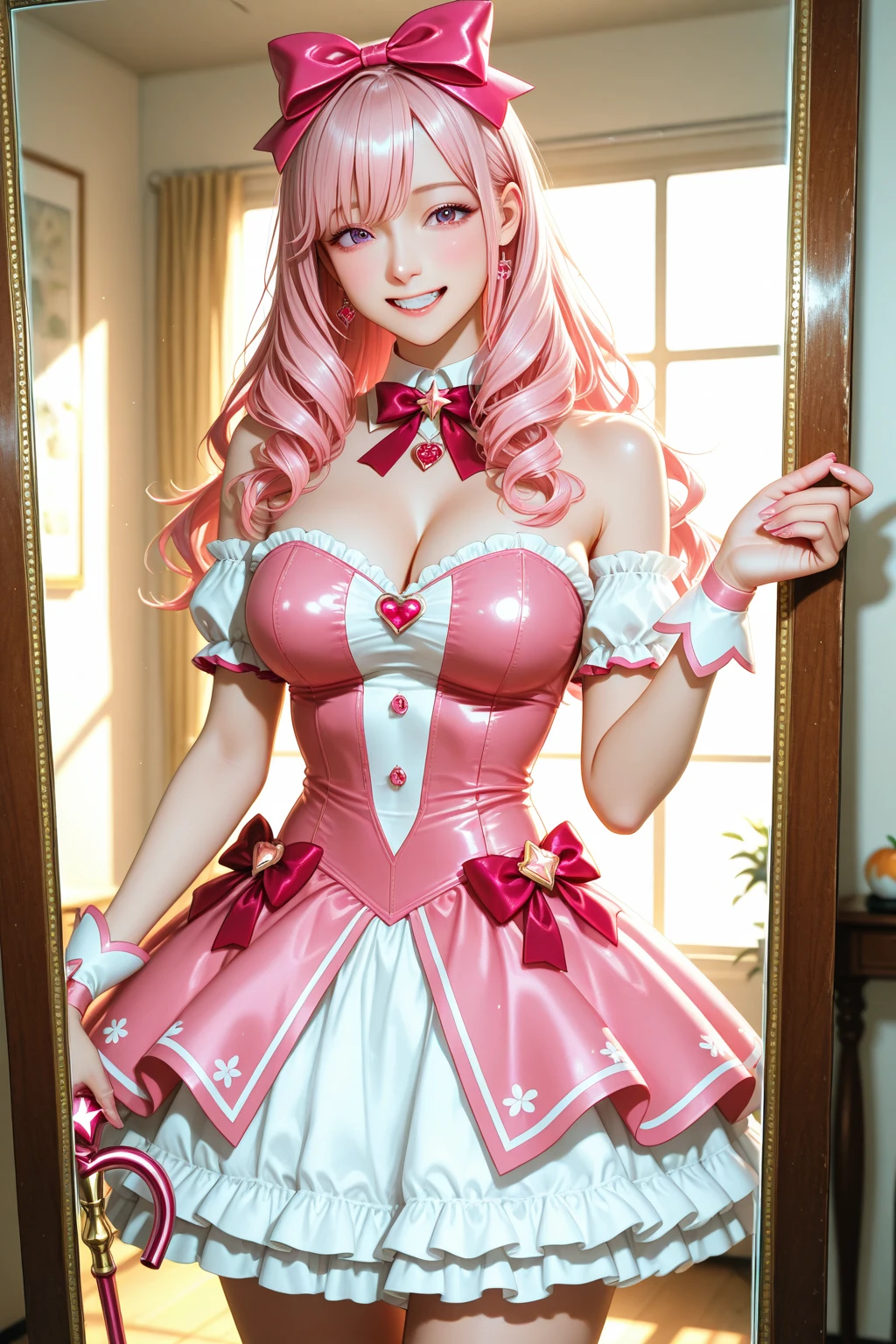 ((highest quality, muste piece, Super high resolution、the most complex and detailed depiction))、big smile looking at me、ink costume、(Fluffy twin-tails:1.3)、(The most luxurious red and pink luxury bedroom:1.3)、(Gorgeous red and pink brothel bedroom:1.2)、One huge bed perfect in the background、Bed surrounded by luxurious curtains、1 girl、(gorgeous prostitute idol:1.3)、cleavage、big and full breasts、long and beautiful、look at me with a big smile、(Gorgeous and luxurious giant idol costumes:1.2)、(Luxurious and high-class idol prostitution costume in frilly red and pink:1.2)、(Complex and high-quality idol prostitution costumes decorated with large amounts of jewelry:1.2)、(accurate anatomy:1.2)、(blurry distant view:1.2)、chandelier lighting、epic movie lighting