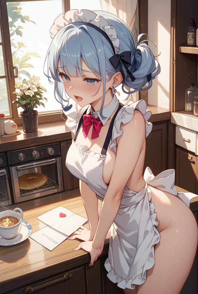 (dynamic angle:1.3, front view:0.9, breast focus:1.3, from below:1.2), (dynamic posing:1.5, sexy posing:1.3, leaning forward), (seductive smiling:1.3),masterpiece, 1girl, pointed chest:1.3,(double breasted:1.2,under bust:1.2), Amazing Cleavage:1.3, thin waist, big ass, Raised sexy, small breast: 1.2 posed cleavage:1.2、solo, looking at viewer, open mouth, silver bronde hair, blue eyes, bare shoulders, collarbone, sidelocks, hairband, sapphire earrings, indoors, red off shoulder sweater dress, arms behind back, short hair with long locks, blue gold hairband, big side hair, very long side hair is rendered in (masterpiece: 1.2, best quality), with (ultra high resolution) and an exquisite (depth of field). This masterpiece is not only visually stunning but also tells,A scene of cooking in the kitchen
